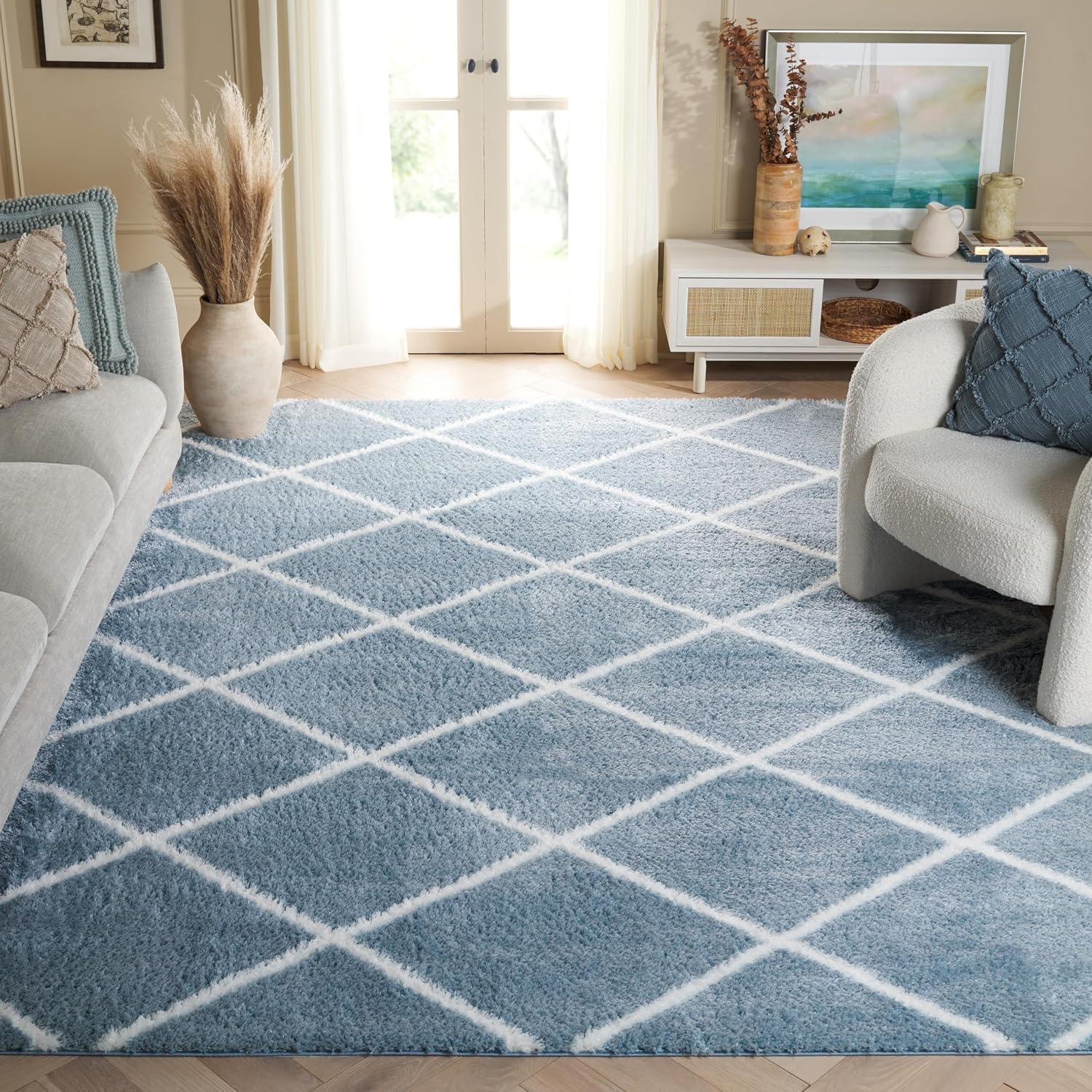 image:imageSAFAVIEH Area Rug 8x10 Tahoe Shag Collection Large Black amp White Trellis Pattern NonShedding amp Easy Cleaning Plush Thick Pile Ideal for Living Room Bedroom Dining Space THO676ZBlueWhite