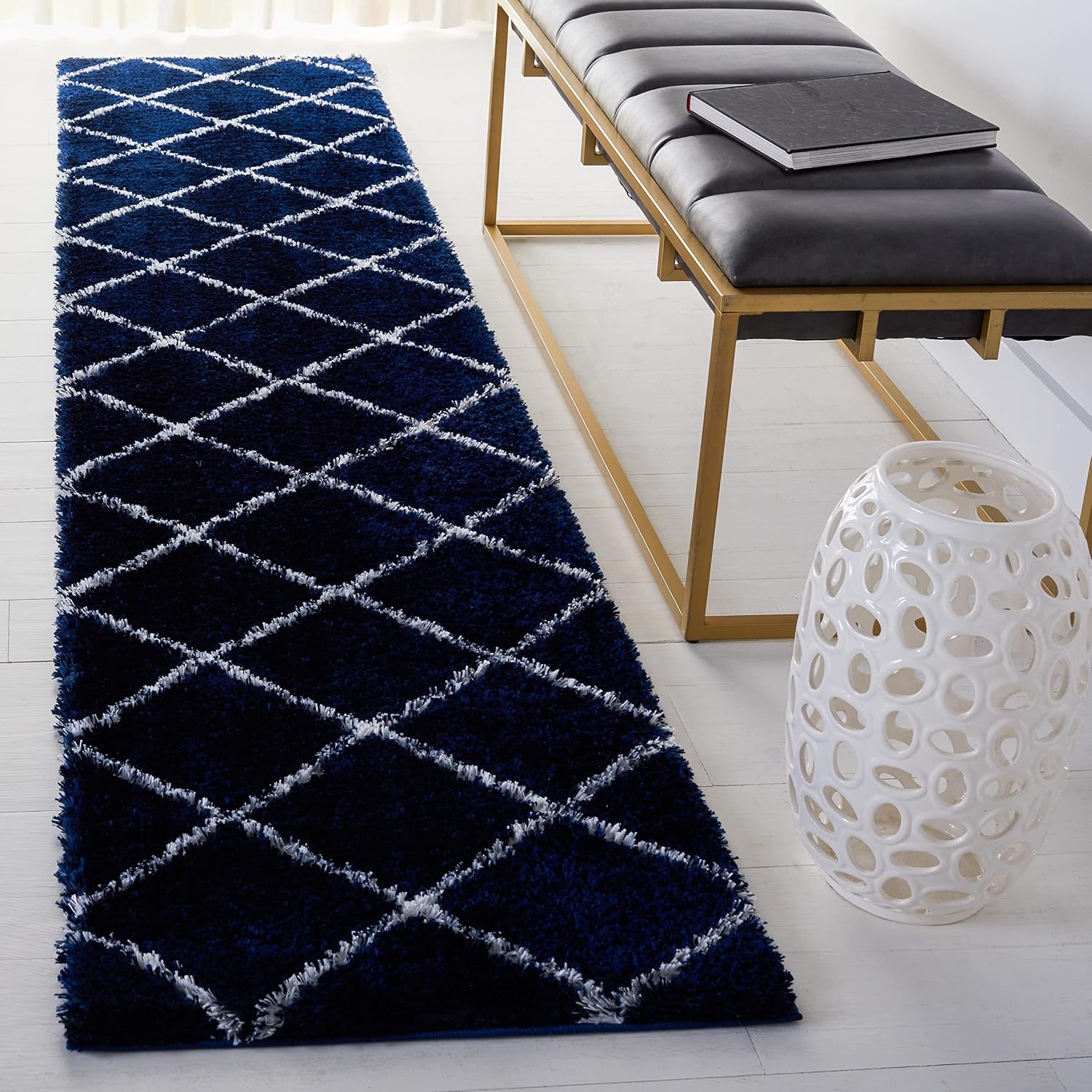 image:imageSAFAVIEH Area Rug 8x10 Tahoe Shag Collection Large Black amp White Trellis Pattern NonShedding amp Easy Cleaning Plush Thick Pile Ideal for Living Room Bedroom Dining Space THO676ZNavyWhite