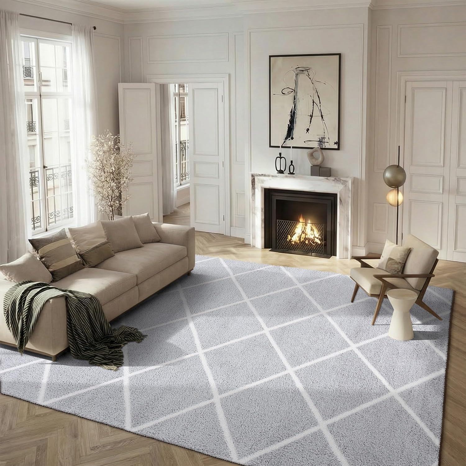image:imageSAFAVIEH Area Rug 8x10 Tahoe Shag Collection Large Black amp White Trellis Pattern NonShedding amp Easy Cleaning Plush Thick Pile Ideal for Living Room Bedroom Dining Space THO676ZLight GreyWhite
