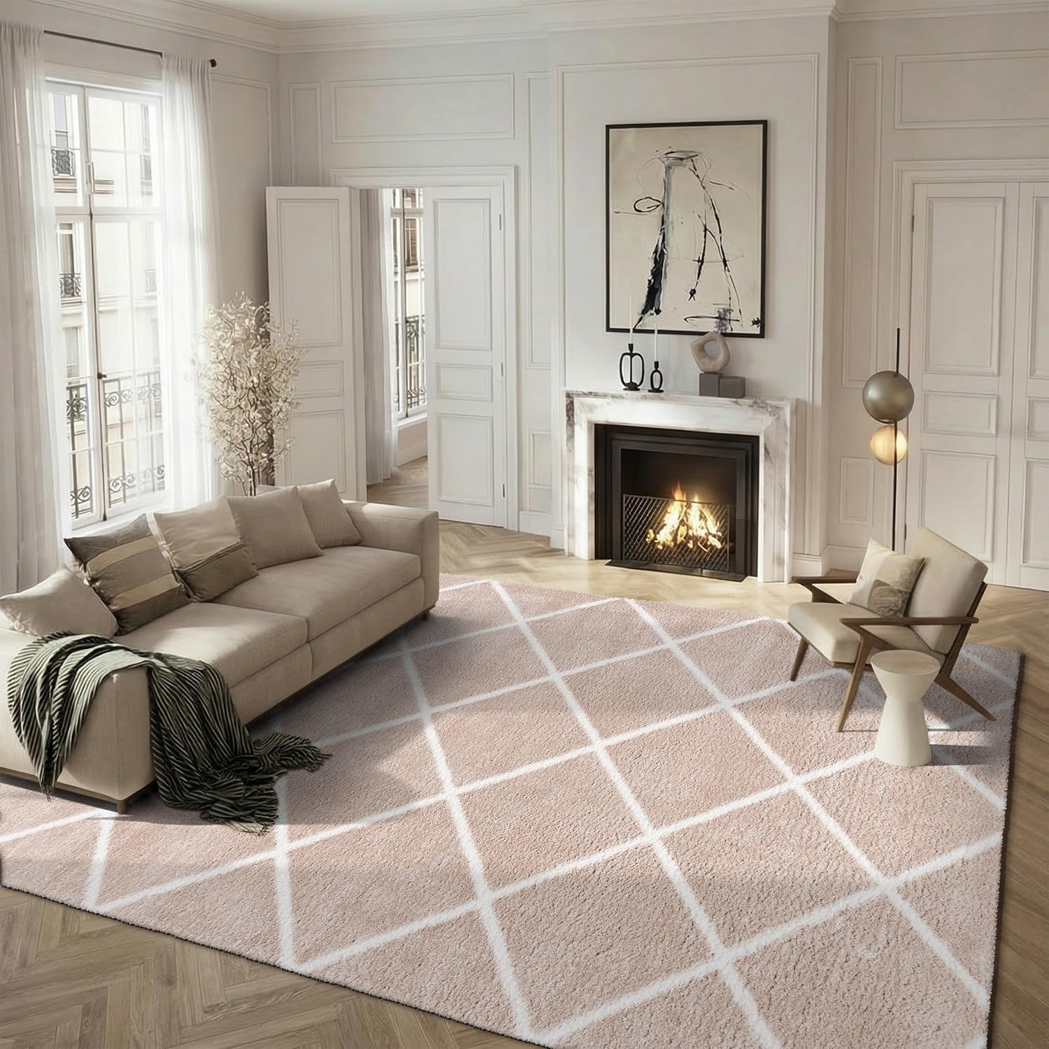image:imageSAFAVIEH Area Rug 8x10 Tahoe Shag Collection Large Black amp White Trellis Pattern NonShedding amp Easy Cleaning Plush Thick Pile Ideal for Living Room Bedroom Dining Space THO676ZBeigeWhite