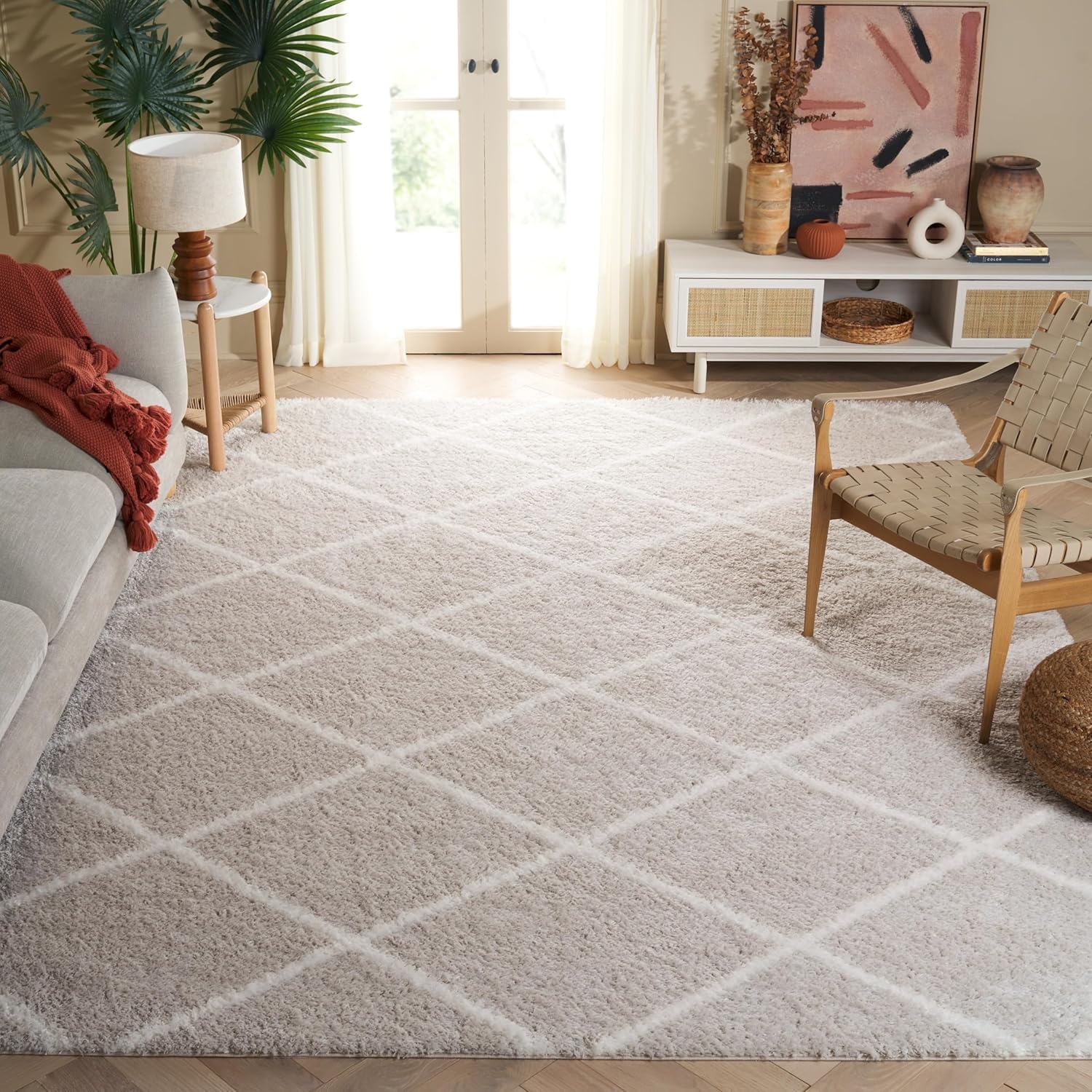 image:imageSAFAVIEH Area Rug 8x10 Tahoe Shag Collection Large Black amp White Trellis Pattern NonShedding amp Easy Cleaning Plush Thick Pile Ideal for Living Room Bedroom Dining Space THO676ZSilverWhite