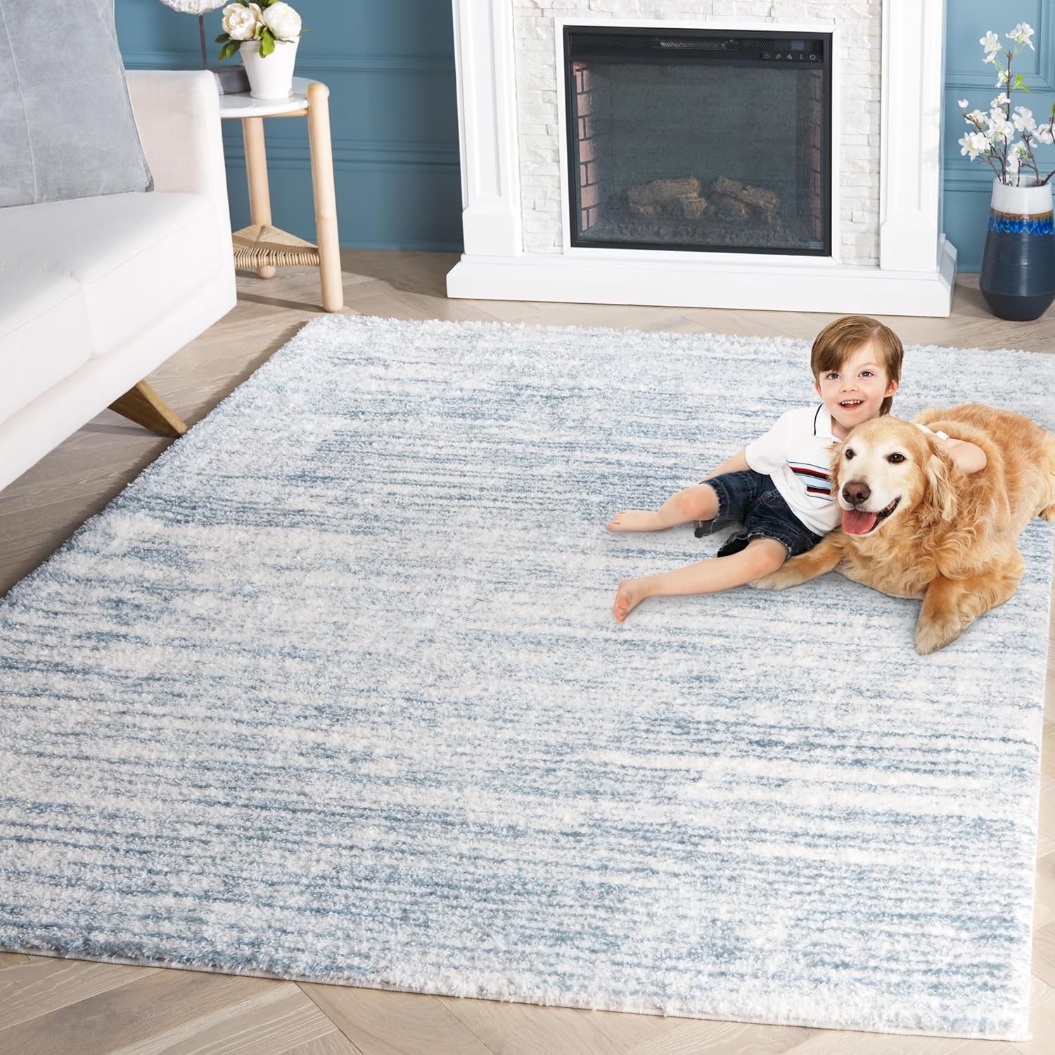 image:imageSAFAVIEH Area Rug 8x10 Tahoe Shag Collection Large Ivory amp Grey Modern Design NonShedding amp Easy Cleaning Plush Thick Pile Ideal for Living Room Bedroom Dining Space THO653ABlueIvory