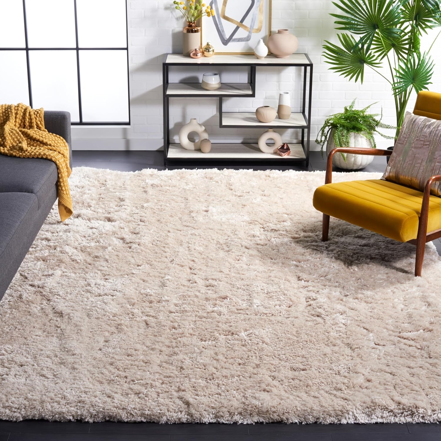 image:imageSAFAVIEH Artic Shag Collection Area Rug 86 x 12 Ivory Handmade Glam 3inch Thick Ideal for High Traffic Areas in Living Room Bedroom SG270ALight Beige