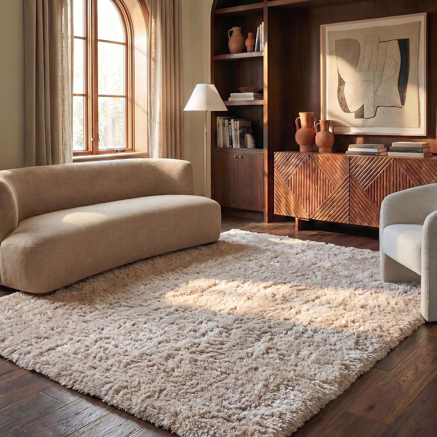 image:imageSAFAVIEH Artic Shag Collection Area Rug 86 x 12 Ivory Handmade Glam 3inch Thick Ideal for High Traffic Areas in Living Room Bedroom SG270ALight Beige