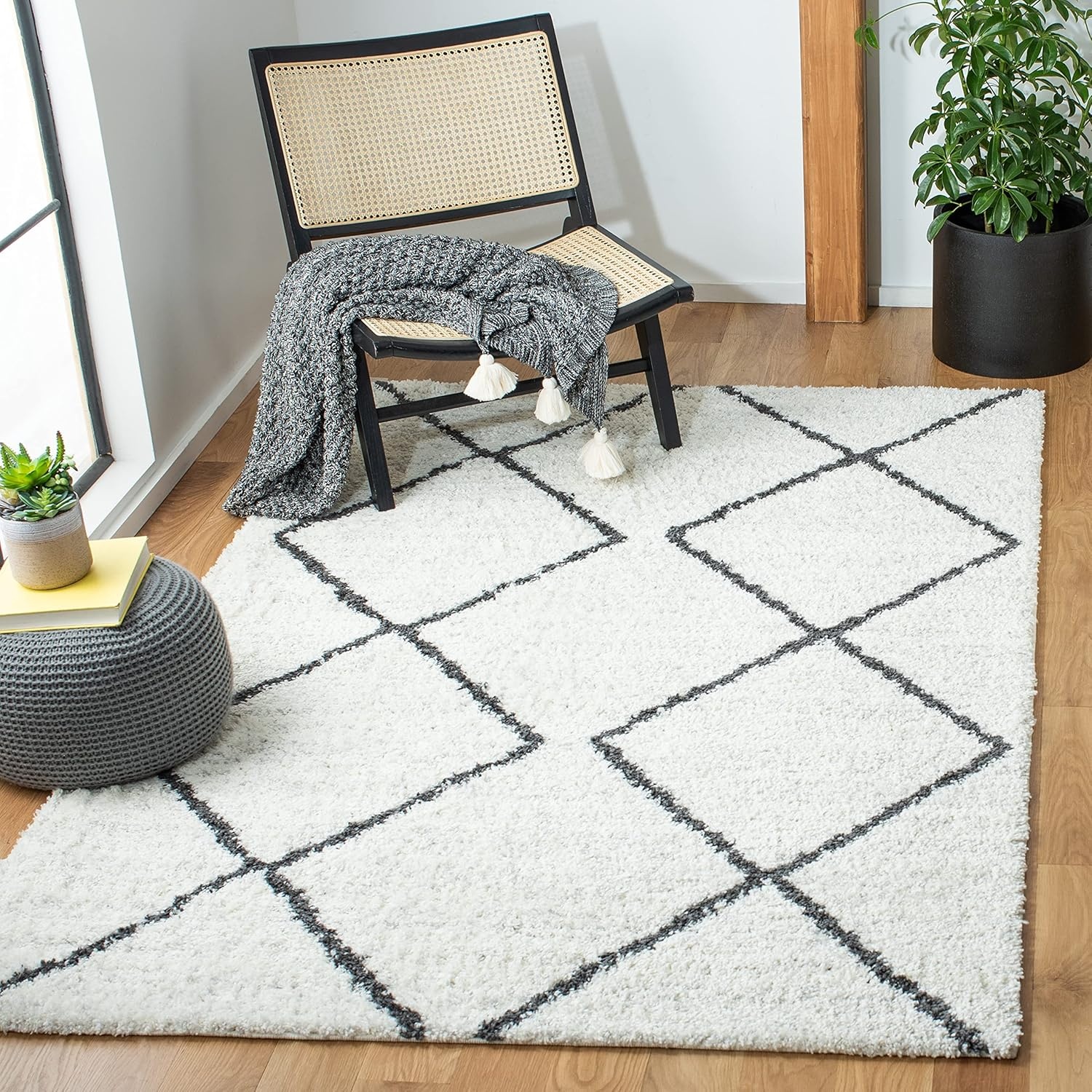 image:imageSAFAVIEH August Shag Collection Area Rug 9 x 12 Ivory amp Grey Moroccan Diamond Design NonShedding amp Easy Care 125inch Thick Ideal for High Traffic Areas in Living Room Bedroom AUG572FIvoryBlack