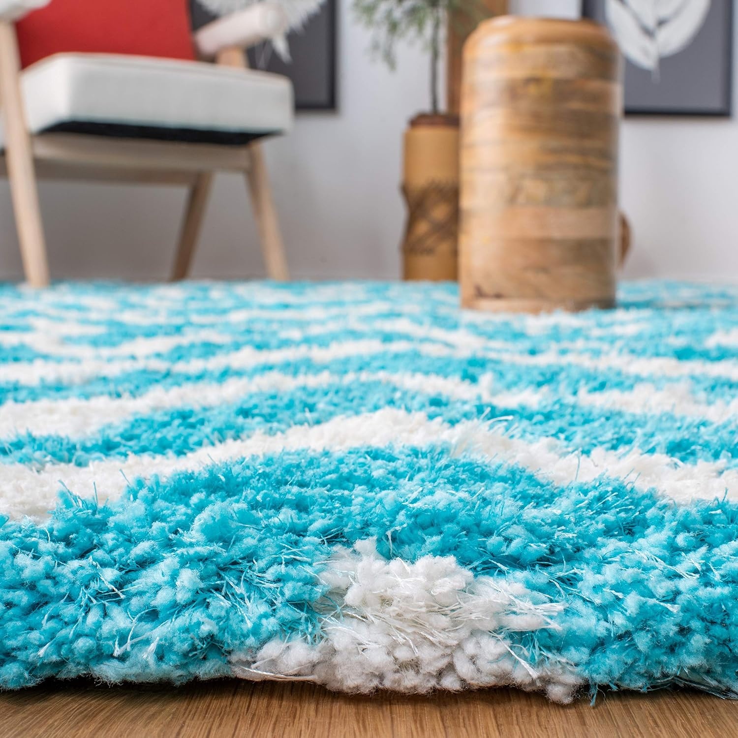 image:imageSAFAVIEH Barcelona Shag Collection Area Rug 9 x 12 Graphite amp Ivory Handmade Chevron 175inch Thick Ideal for High Traffic Areas in Living Room Bedroom BSG320DIvoryBlue