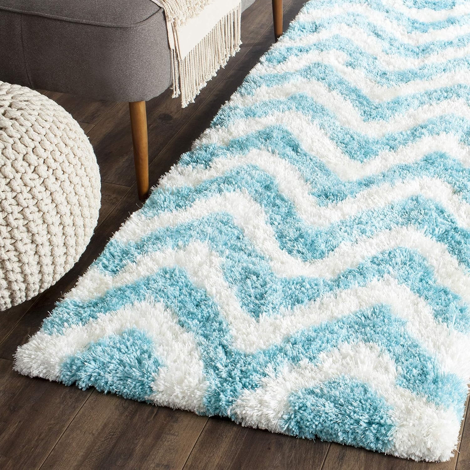 image:imageSAFAVIEH Barcelona Shag Collection Area Rug 9 x 12 Graphite amp Ivory Handmade Chevron 175inch Thick Ideal for High Traffic Areas in Living Room Bedroom BSG320DIvoryBlue
