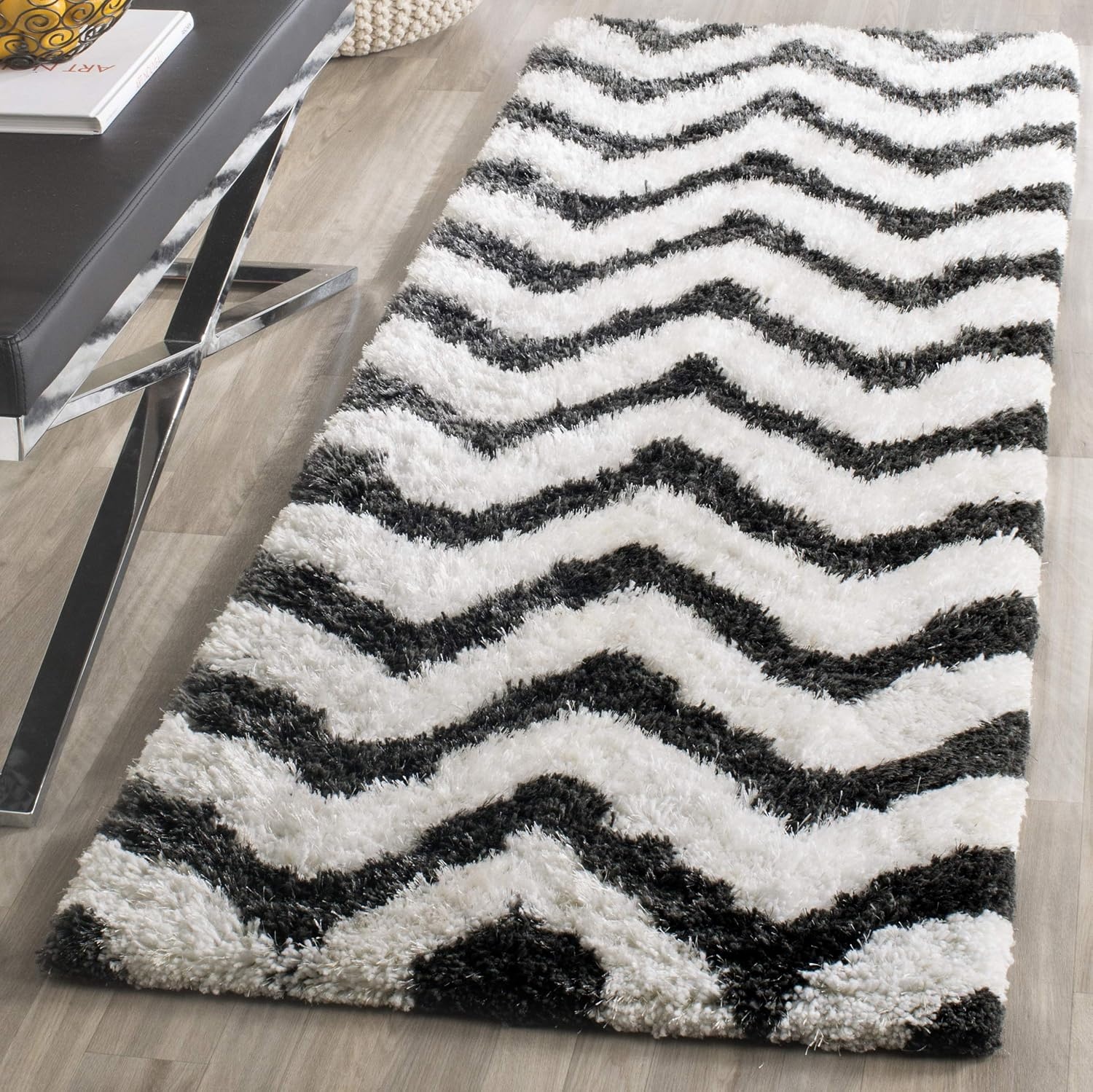 image:imageSAFAVIEH Barcelona Shag Collection Area Rug 9 x 12 Graphite amp Ivory Handmade Chevron 175inch Thick Ideal for High Traffic Areas in Living Room Bedroom BSG320DGraphiteIvory
