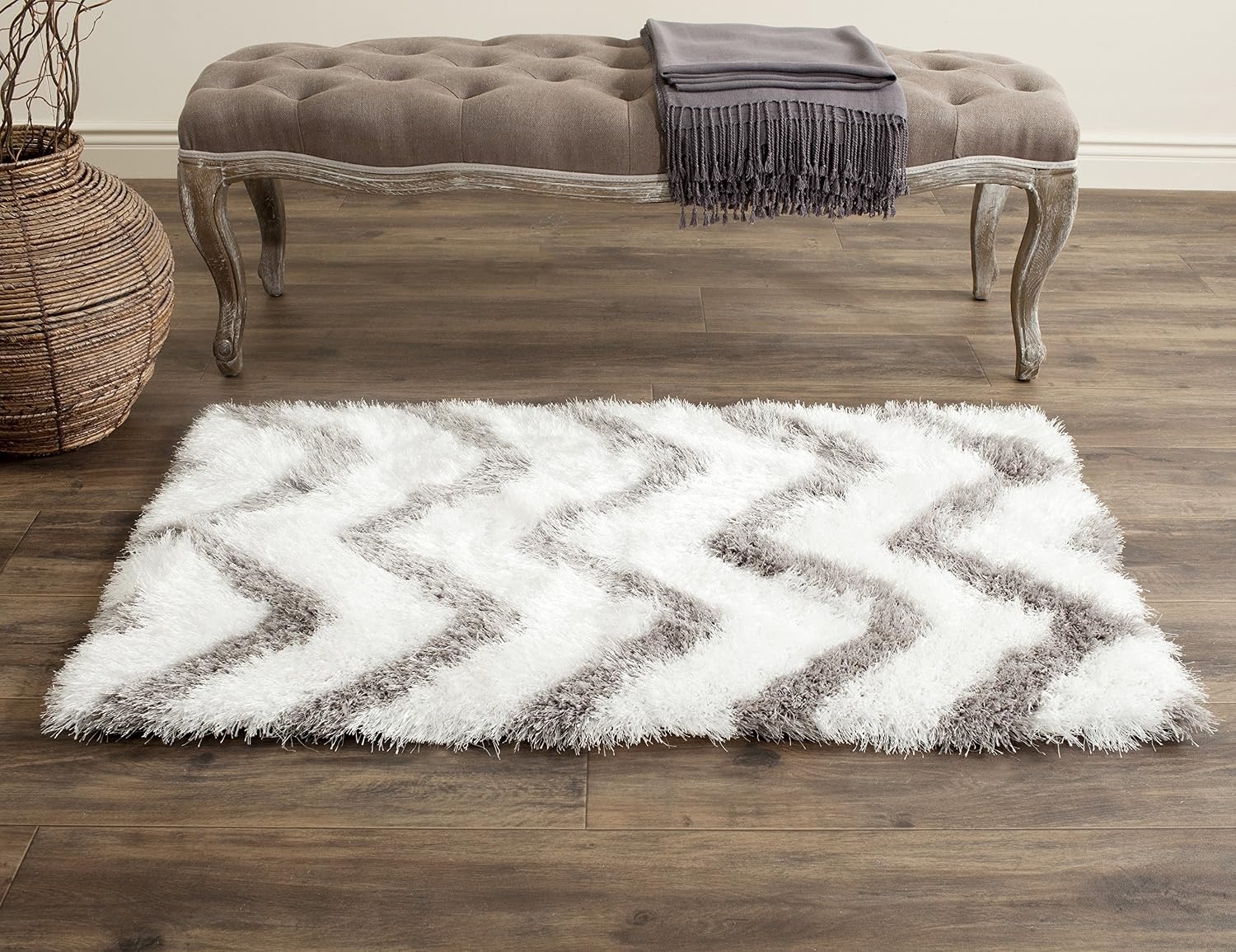 image:imageSAFAVIEH Barcelona Shag Collection Area Rug 9 x 12 Graphite amp Ivory Handmade Chevron 175inch Thick Ideal for High Traffic Areas in Living Room Bedroom BSG320DIvorySilver