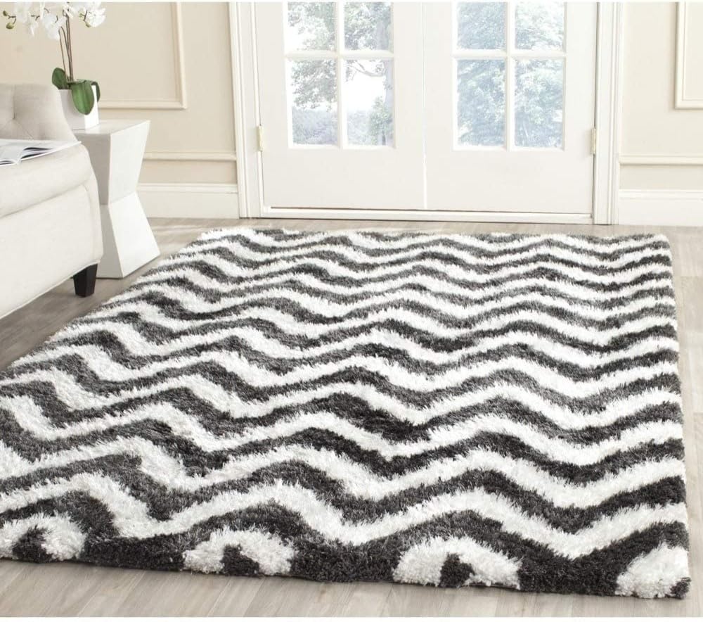 image:imageSAFAVIEH Barcelona Shag Collection Area Rug 9 x 12 Graphite amp Ivory Handmade Chevron 175inch Thick Ideal for High Traffic Areas in Living Room Bedroom BSG320DGraphiteIvory