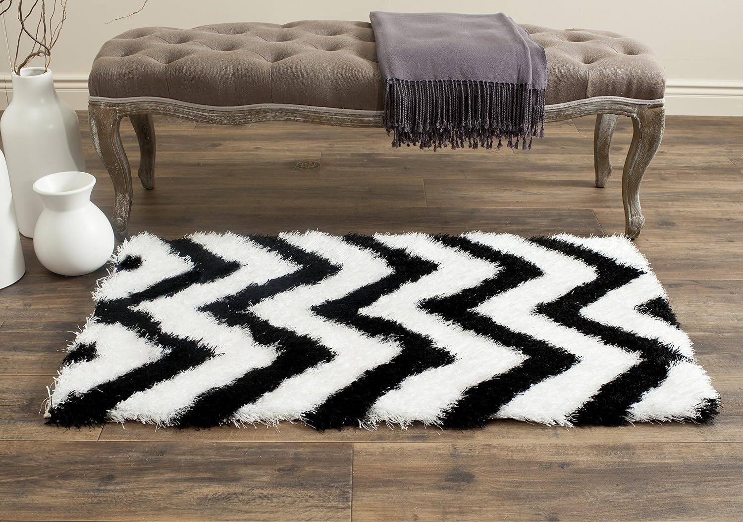 image:imageSAFAVIEH Barcelona Shag Collection Area Rug 9 x 12 Graphite amp Ivory Handmade Chevron 175inch Thick Ideal for High Traffic Areas in Living Room Bedroom BSG320DIvoryBlack