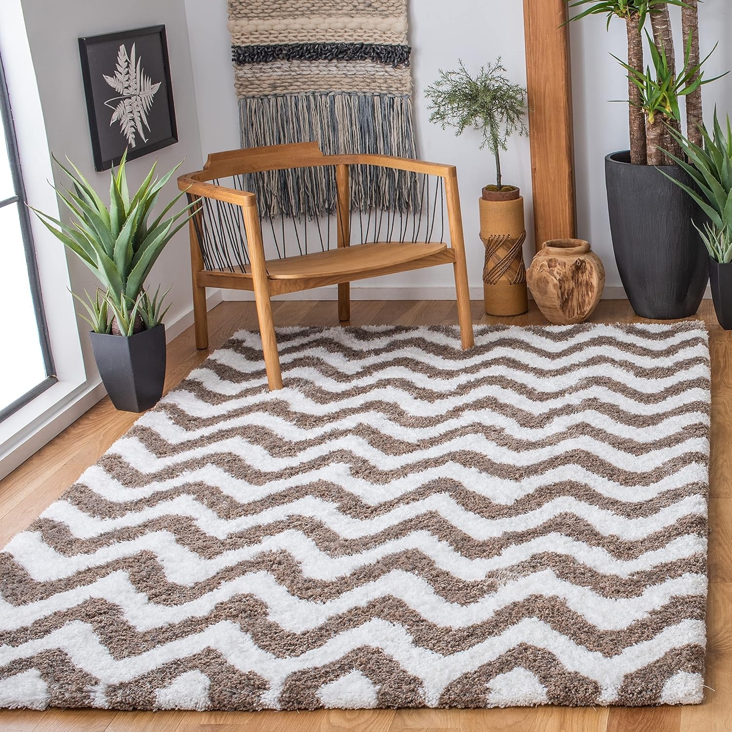 image:imageSAFAVIEH Barcelona Shag Collection Area Rug 9 x 12 Graphite amp Ivory Handmade Chevron 175inch Thick Ideal for High Traffic Areas in Living Room Bedroom BSG320DIvorySilver