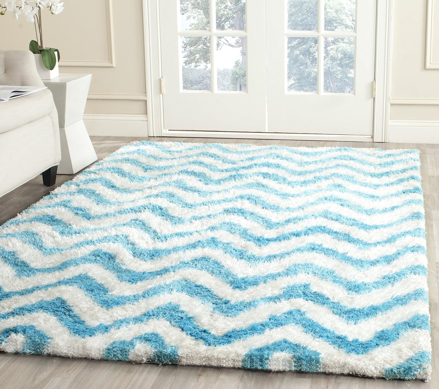 image:imageSAFAVIEH Barcelona Shag Collection Area Rug 9 x 12 Graphite amp Ivory Handmade Chevron 175inch Thick Ideal for High Traffic Areas in Living Room Bedroom BSG320DIvoryBlue