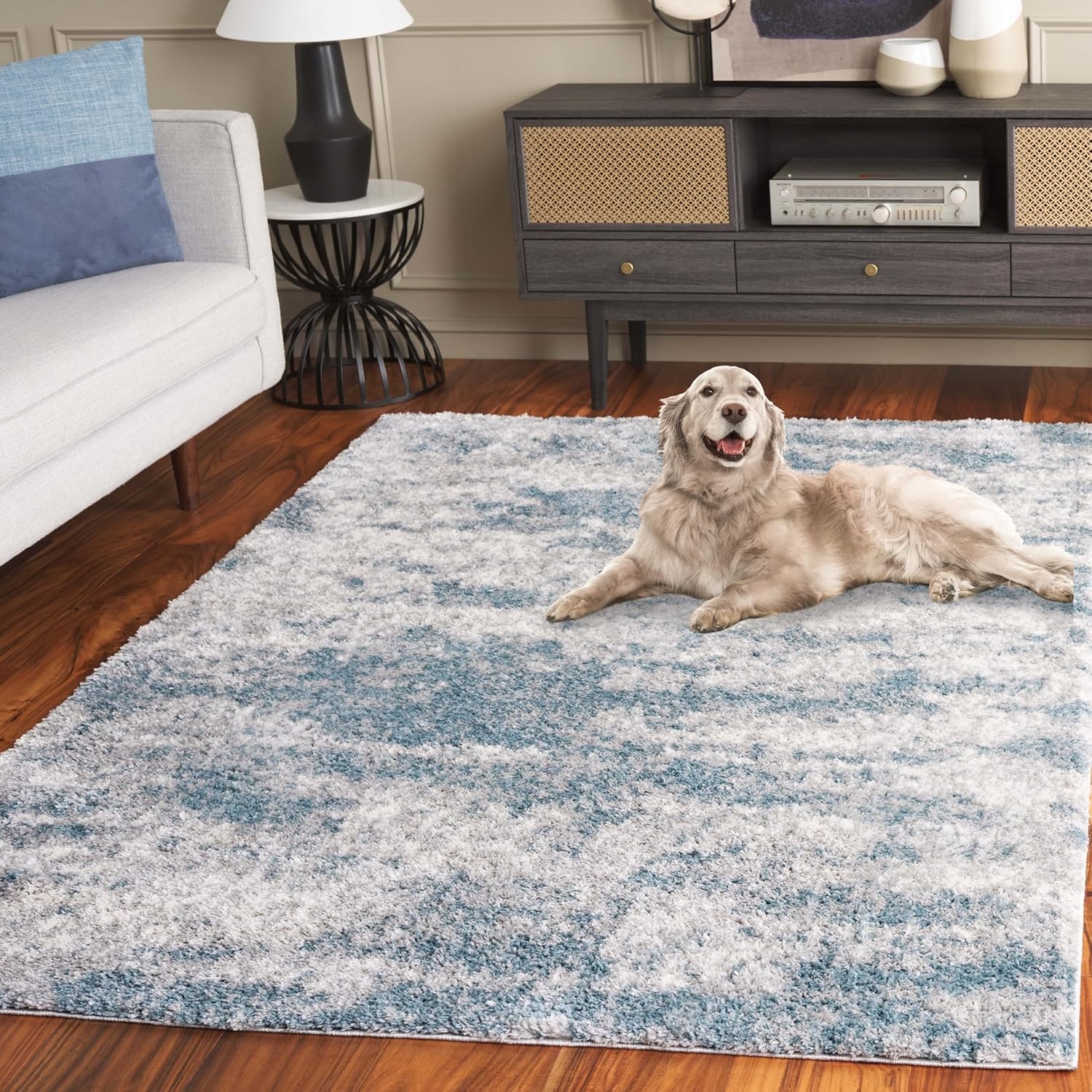 image:imageSAFAVIEH Berber Shag Collection Area Rug 9 x 12 Ivory amp Blue Abstract Design NonShedding amp Easy Care 12inch Thick Ideal for the Living Room Dining Bedroom BER586MIvoryBlue