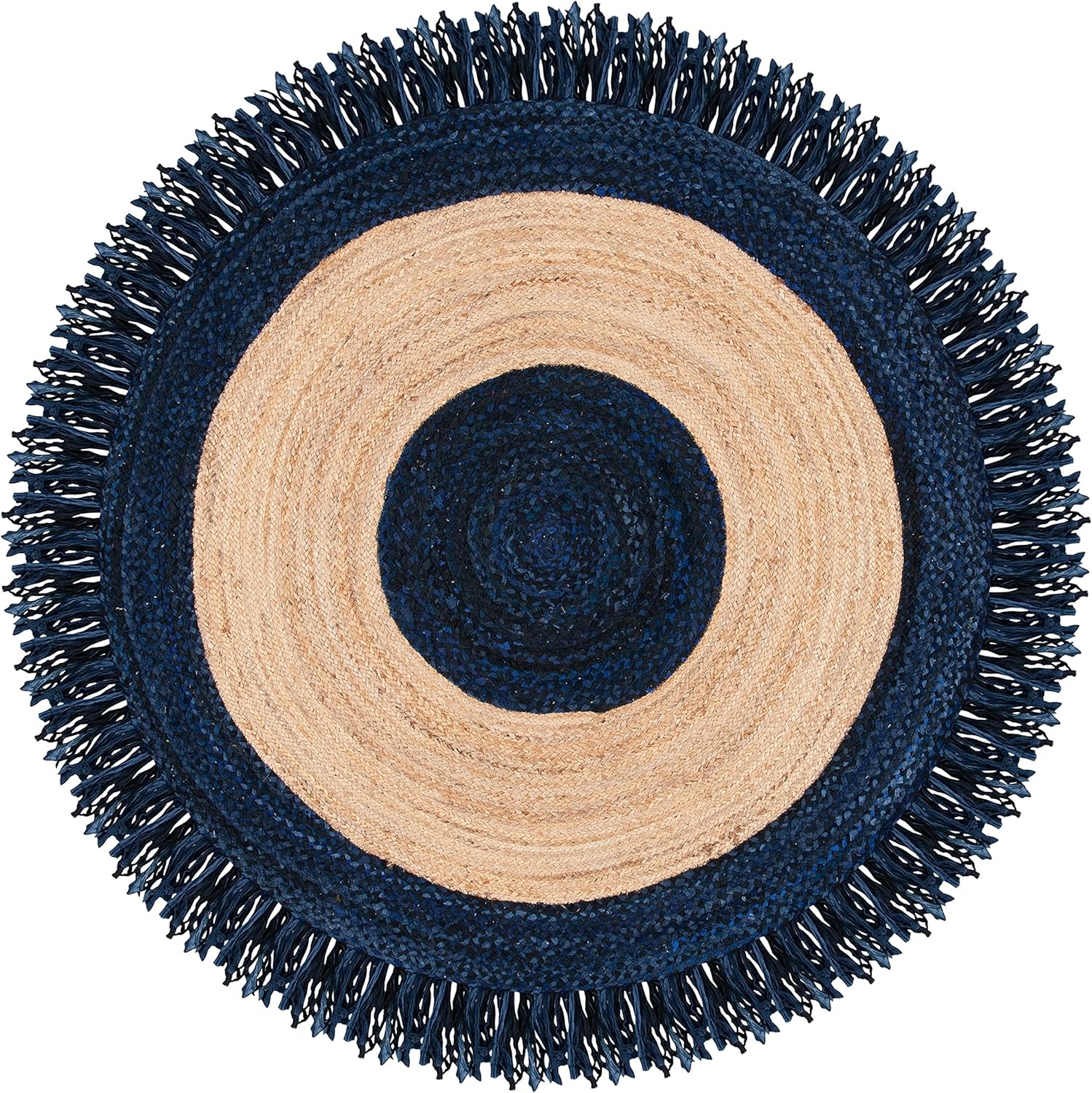 image:imageSAFAVIEH Cape Cod Collection Area Rug 6 Round Beige amp Natural Handmade Boho Fringe Jute amp Cotton Ideal for High Traffic Areas in Living Room Bedroom CAP701BNavyNatural