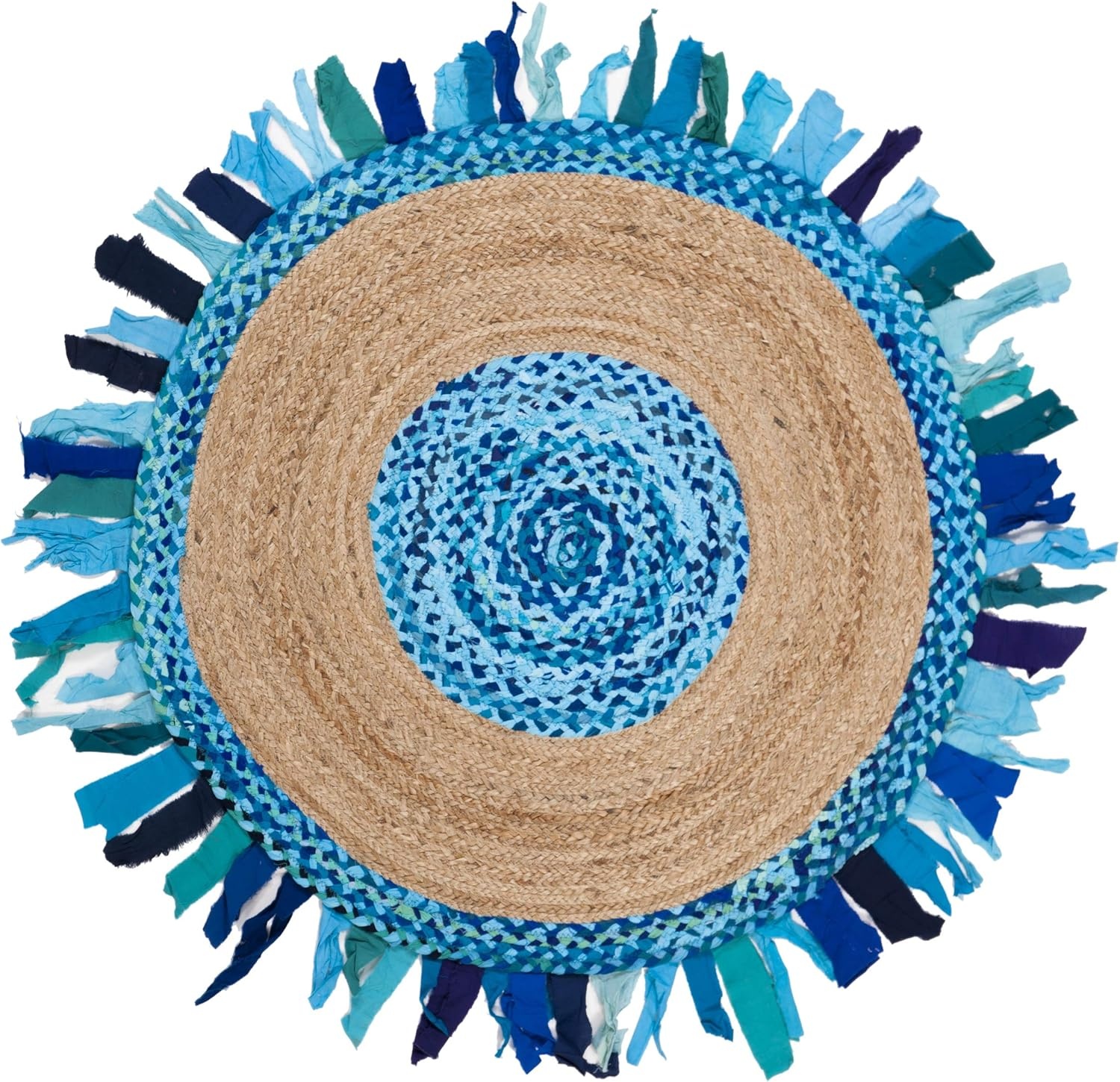 image:imageSAFAVIEH Cape Cod Collection Area Rug 6 Round Beige amp Natural Handmade Boho Fringe Jute amp Cotton Ideal for High Traffic Areas in Living Room Bedroom CAP701BTurquoiseNatural