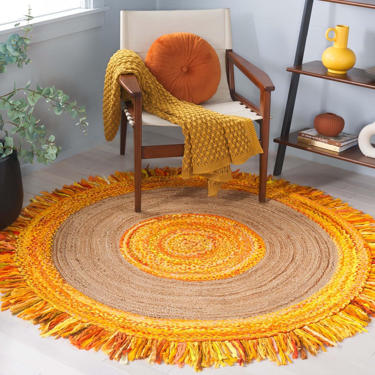image:imageSAFAVIEH Cape Cod Collection Area Rug 6 Round Beige amp Natural Handmade Boho Fringe Jute amp Cotton Ideal for High Traffic Areas in Living Room Bedroom CAP701BGoldNatural