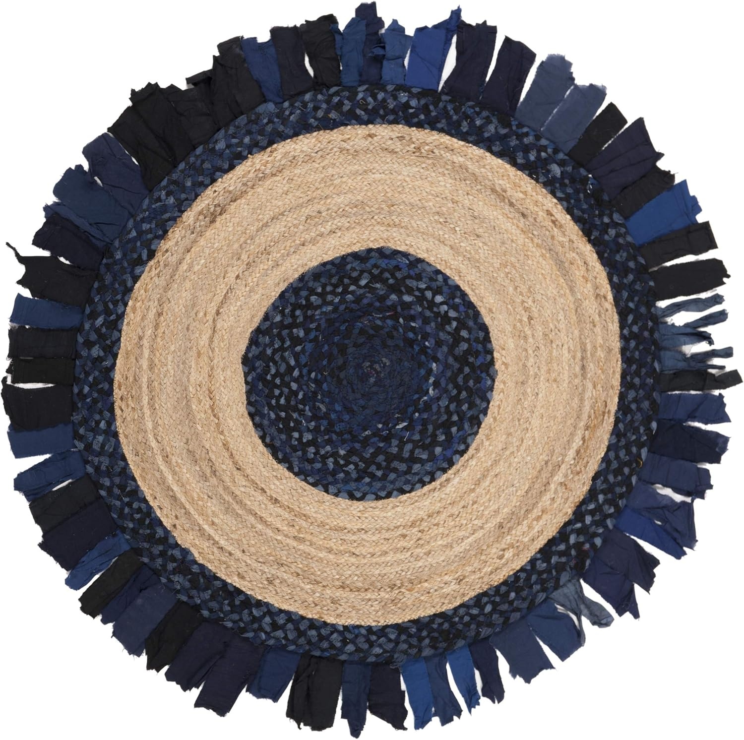 image:imageSAFAVIEH Cape Cod Collection Area Rug 6 Round Beige amp Natural Handmade Boho Fringe Jute amp Cotton Ideal for High Traffic Areas in Living Room Bedroom CAP701BNavyNatural