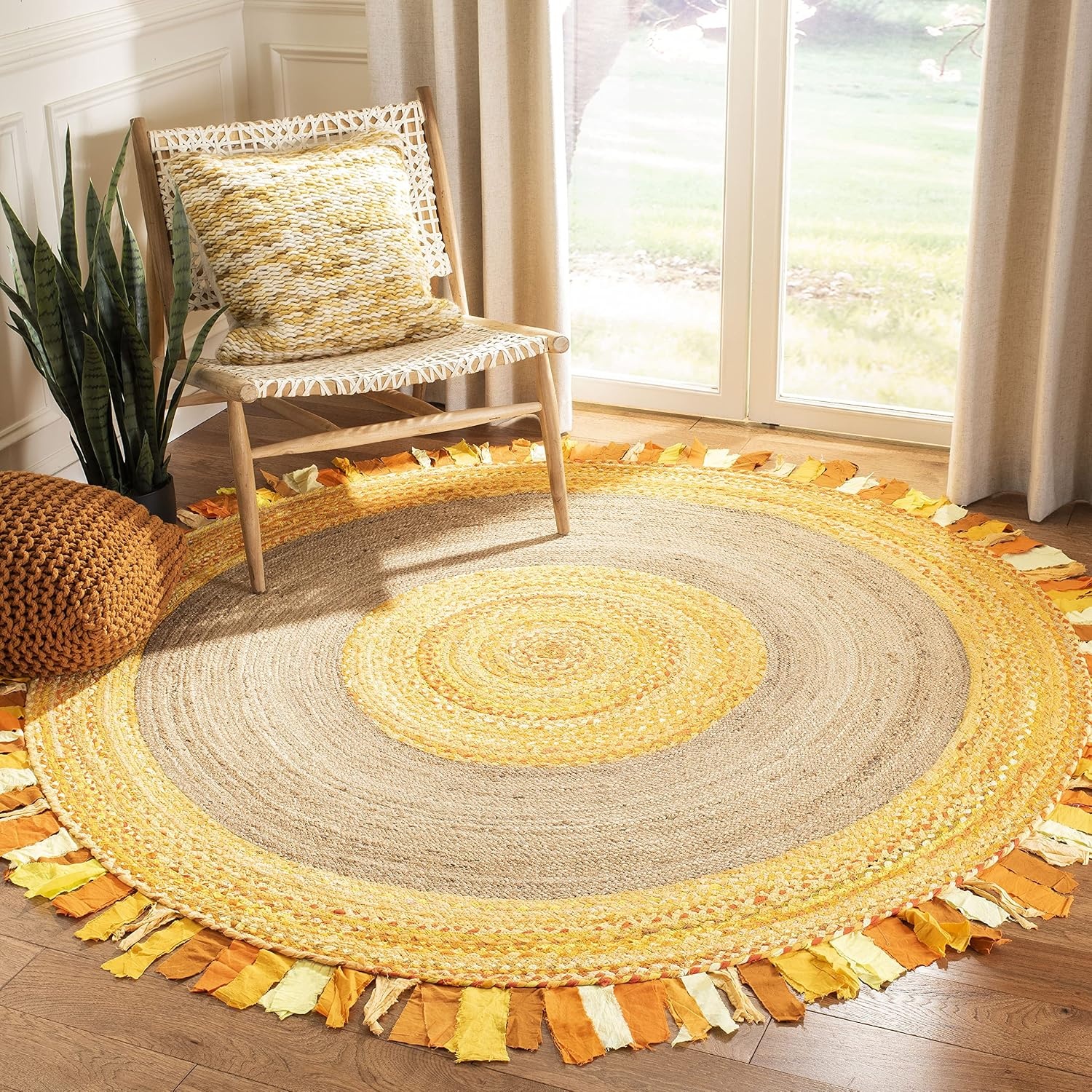 image:imageSAFAVIEH Cape Cod Collection Area Rug 6 Round Beige amp Natural Handmade Boho Fringe Jute amp Cotton Ideal for High Traffic Areas in Living Room Bedroom CAP701BGoldNatural