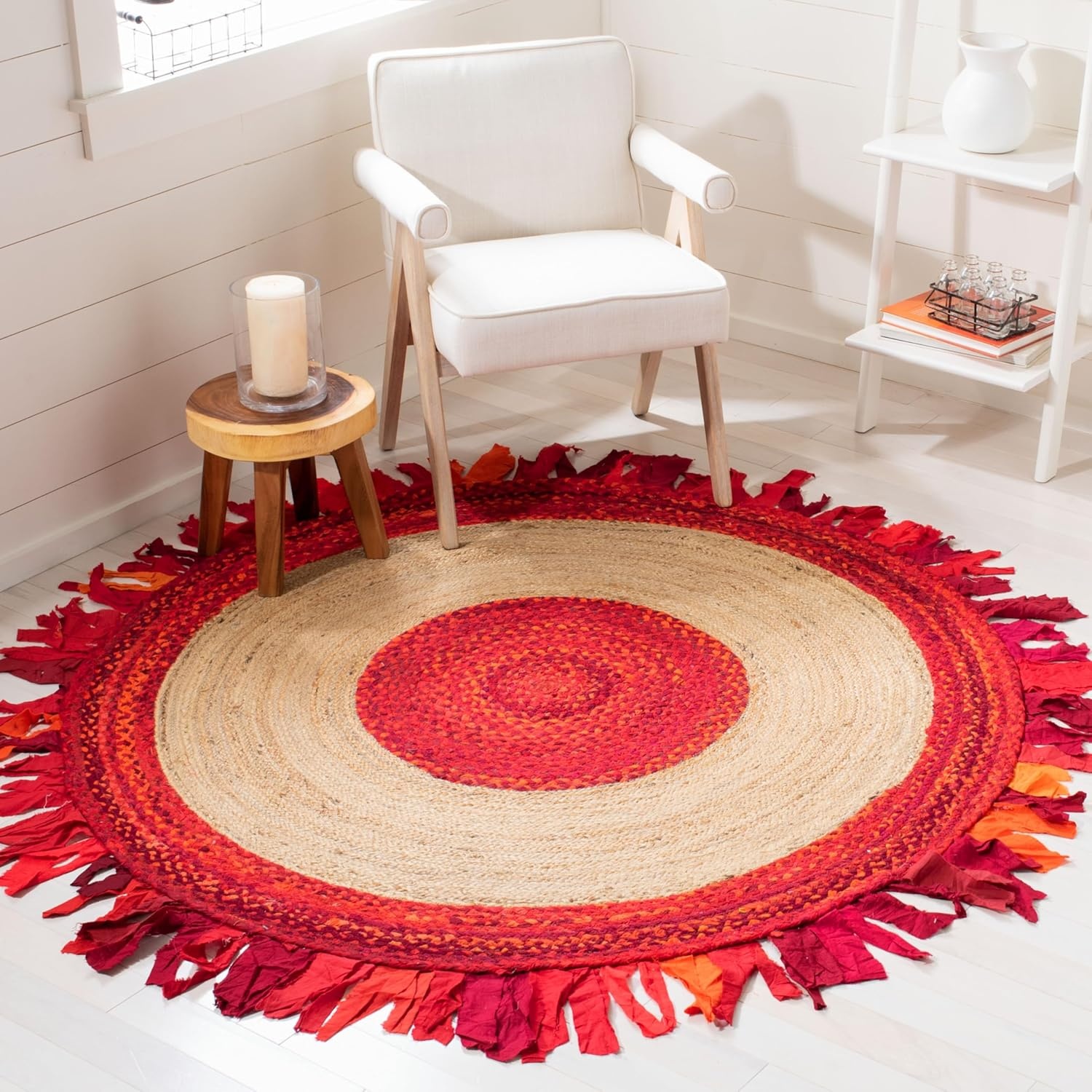 image:imageSAFAVIEH Cape Cod Collection Area Rug 6 Round Beige amp Natural Handmade Boho Fringe Jute amp Cotton Ideal for High Traffic Areas in Living Room Bedroom CAP701BRedNatural