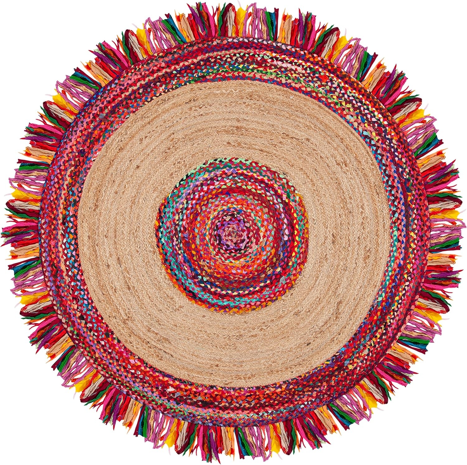 image:imageSAFAVIEH Cape Cod Collection Area Rug 6 Round Beige amp Natural Handmade Boho Fringe Jute amp Cotton Ideal for High Traffic Areas in Living Room Bedroom CAP701BMultiNatural