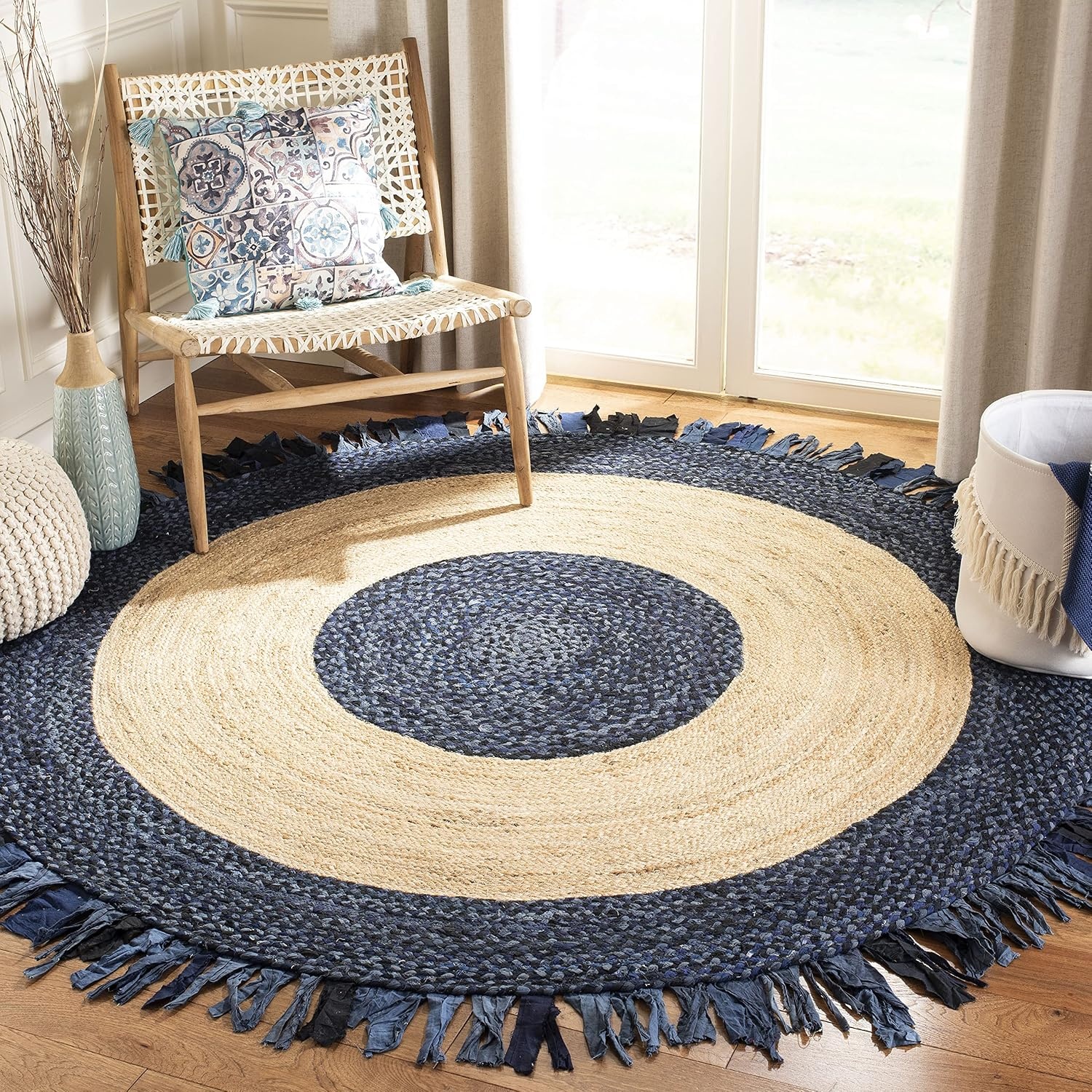 image:imageSAFAVIEH Cape Cod Collection Area Rug 6 Round Beige amp Natural Handmade Boho Fringe Jute amp Cotton Ideal for High Traffic Areas in Living Room Bedroom CAP701BNavyNatural