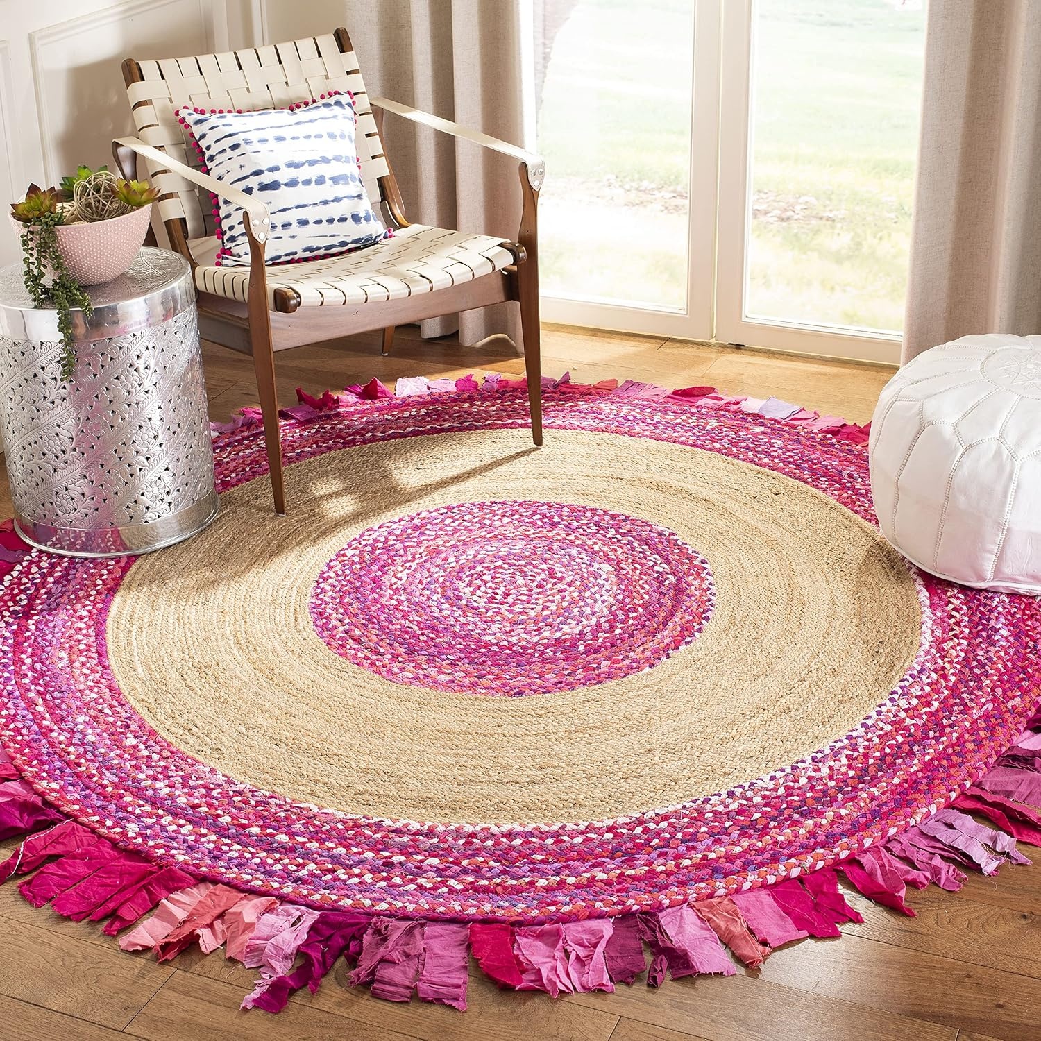 image:imageSAFAVIEH Cape Cod Collection Area Rug 6 Round Beige amp Natural Handmade Boho Fringe Jute amp Cotton Ideal for High Traffic Areas in Living Room Bedroom CAP701BPinkNatural