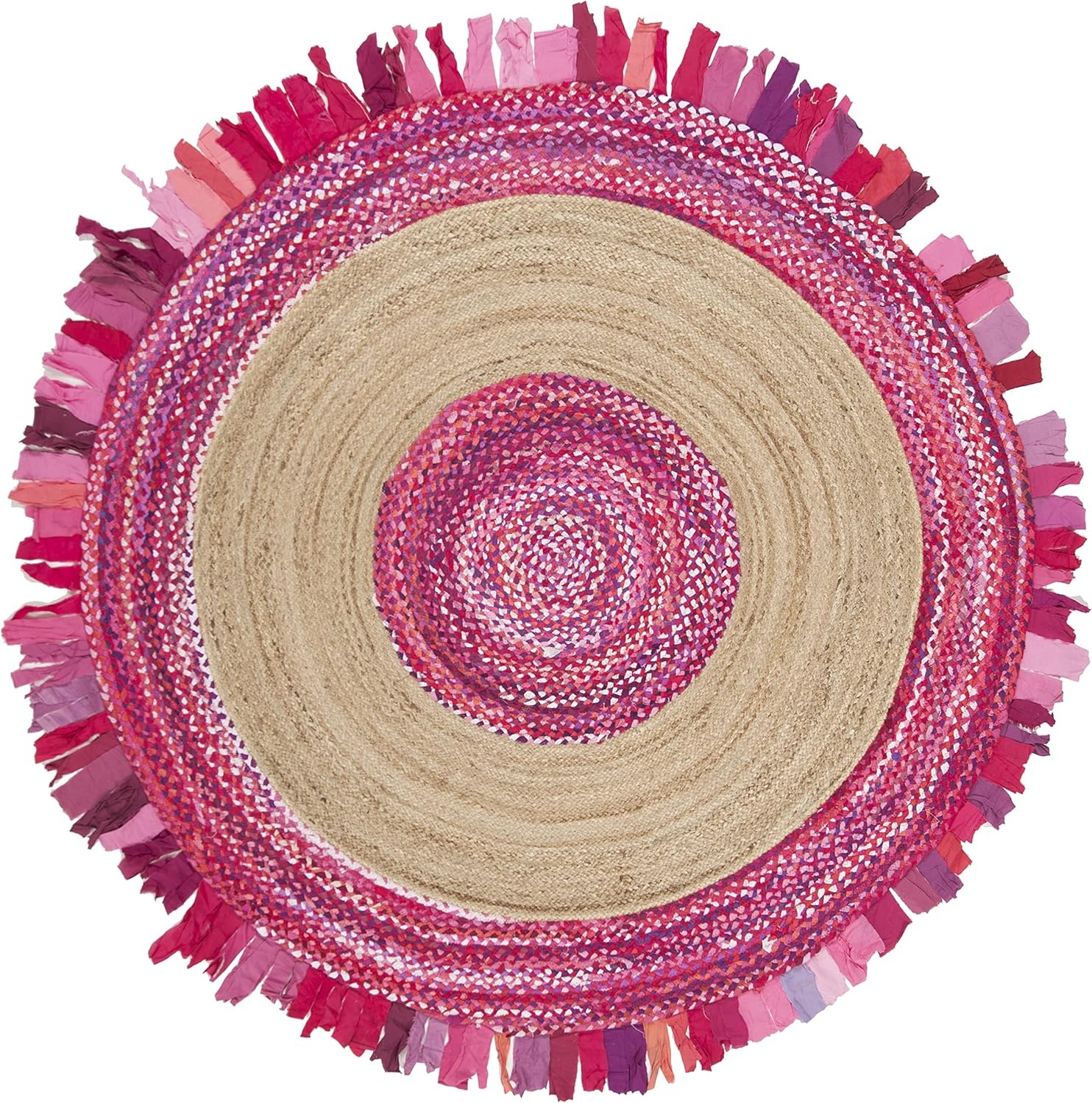 image:imageSAFAVIEH Cape Cod Collection Area Rug 6 Round Beige amp Natural Handmade Boho Fringe Jute amp Cotton Ideal for High Traffic Areas in Living Room Bedroom CAP701BPinkNatural