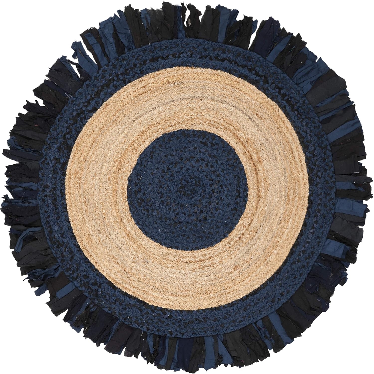 image:imageSAFAVIEH Cape Cod Collection Area Rug 6 Round Beige amp Natural Handmade Boho Fringe Jute amp Cotton Ideal for High Traffic Areas in Living Room Bedroom CAP701BNavyNatural