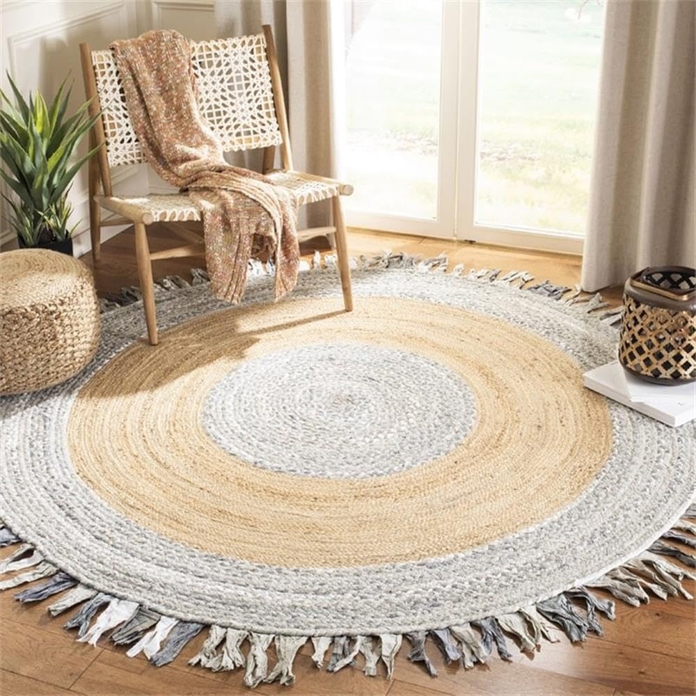 image:imageSAFAVIEH Cape Cod Collection Area Rug 6 Round Beige amp Natural Handmade Boho Fringe Jute amp Cotton Ideal for High Traffic Areas in Living Room Bedroom CAP701BLight GreyNatural