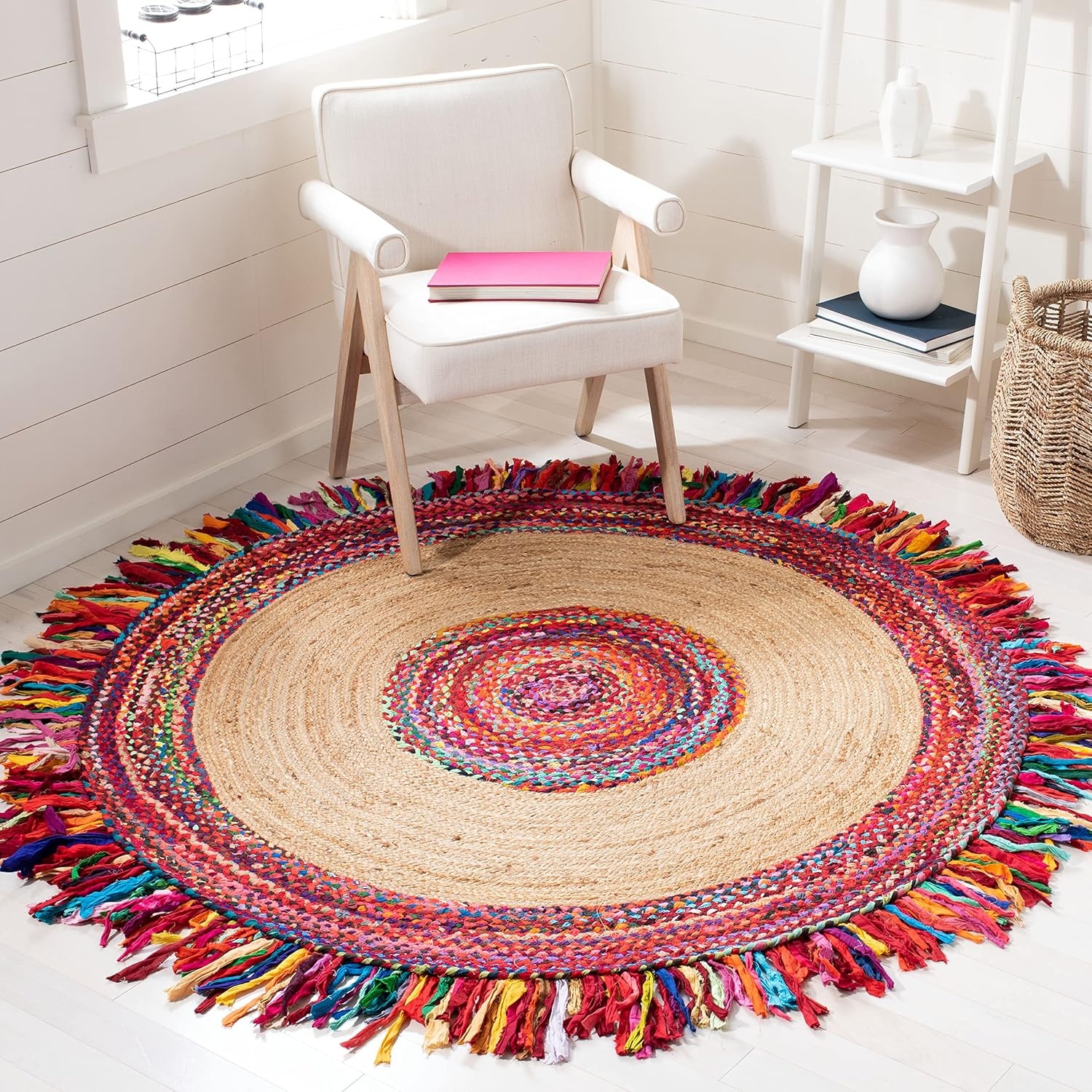 image:imageSAFAVIEH Cape Cod Collection Area Rug 6 Round Beige amp Natural Handmade Boho Fringe Jute amp Cotton Ideal for High Traffic Areas in Living Room Bedroom CAP701BMultiNatural