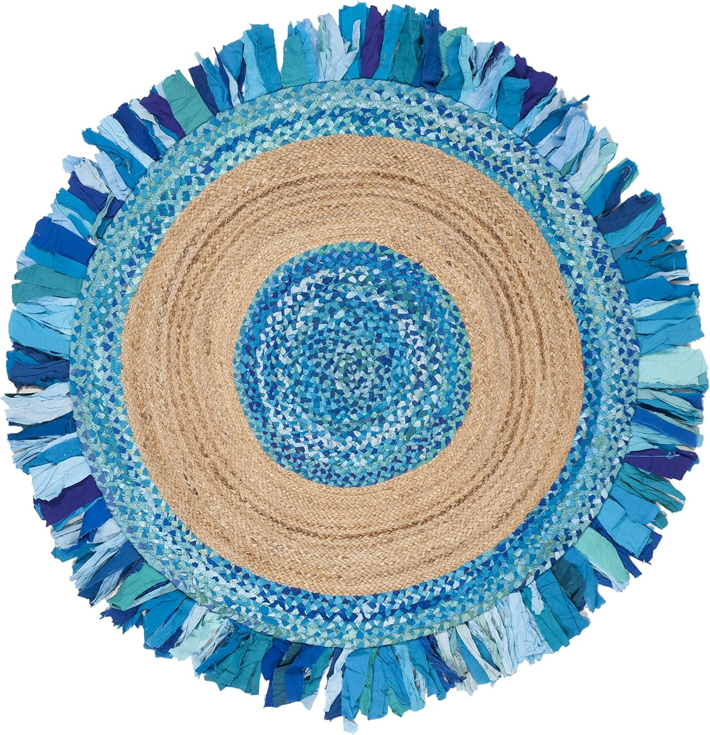 image:imageSAFAVIEH Cape Cod Collection Area Rug 6 Round Beige amp Natural Handmade Boho Fringe Jute amp Cotton Ideal for High Traffic Areas in Living Room Bedroom CAP701BTurquoiseNatural