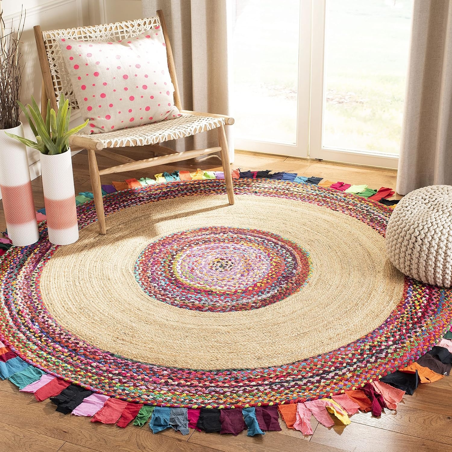 image:imageSAFAVIEH Cape Cod Collection Area Rug 6 Round Beige amp Natural Handmade Boho Fringe Jute amp Cotton Ideal for High Traffic Areas in Living Room Bedroom CAP701BMultiNatural