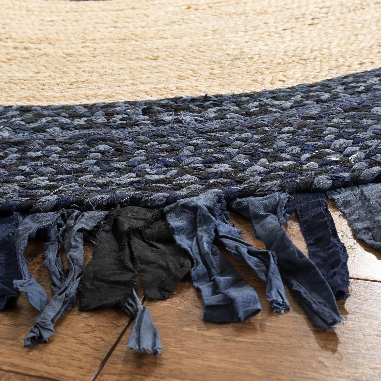 image:imageSAFAVIEH Cape Cod Collection Area Rug 6 Round Beige amp Natural Handmade Boho Fringe Jute amp Cotton Ideal for High Traffic Areas in Living Room Bedroom CAP701BNavyNatural