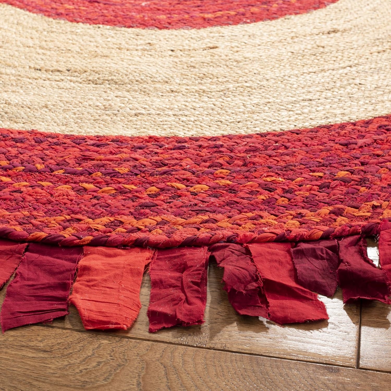 image:imageSAFAVIEH Cape Cod Collection Area Rug 6 Round Beige amp Natural Handmade Boho Fringe Jute amp Cotton Ideal for High Traffic Areas in Living Room Bedroom CAP701BRedNatural