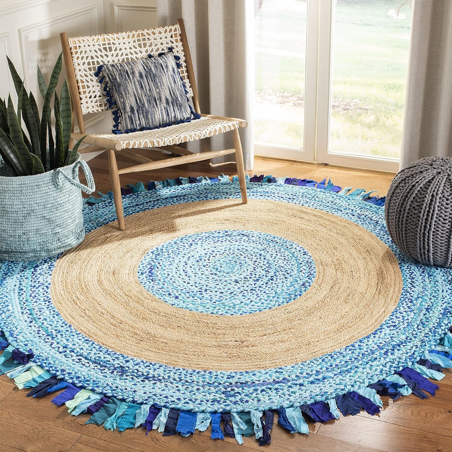 image:imageSAFAVIEH Cape Cod Collection Area Rug 6 Round Beige amp Natural Handmade Boho Fringe Jute amp Cotton Ideal for High Traffic Areas in Living Room Bedroom CAP701BTurquoiseNatural