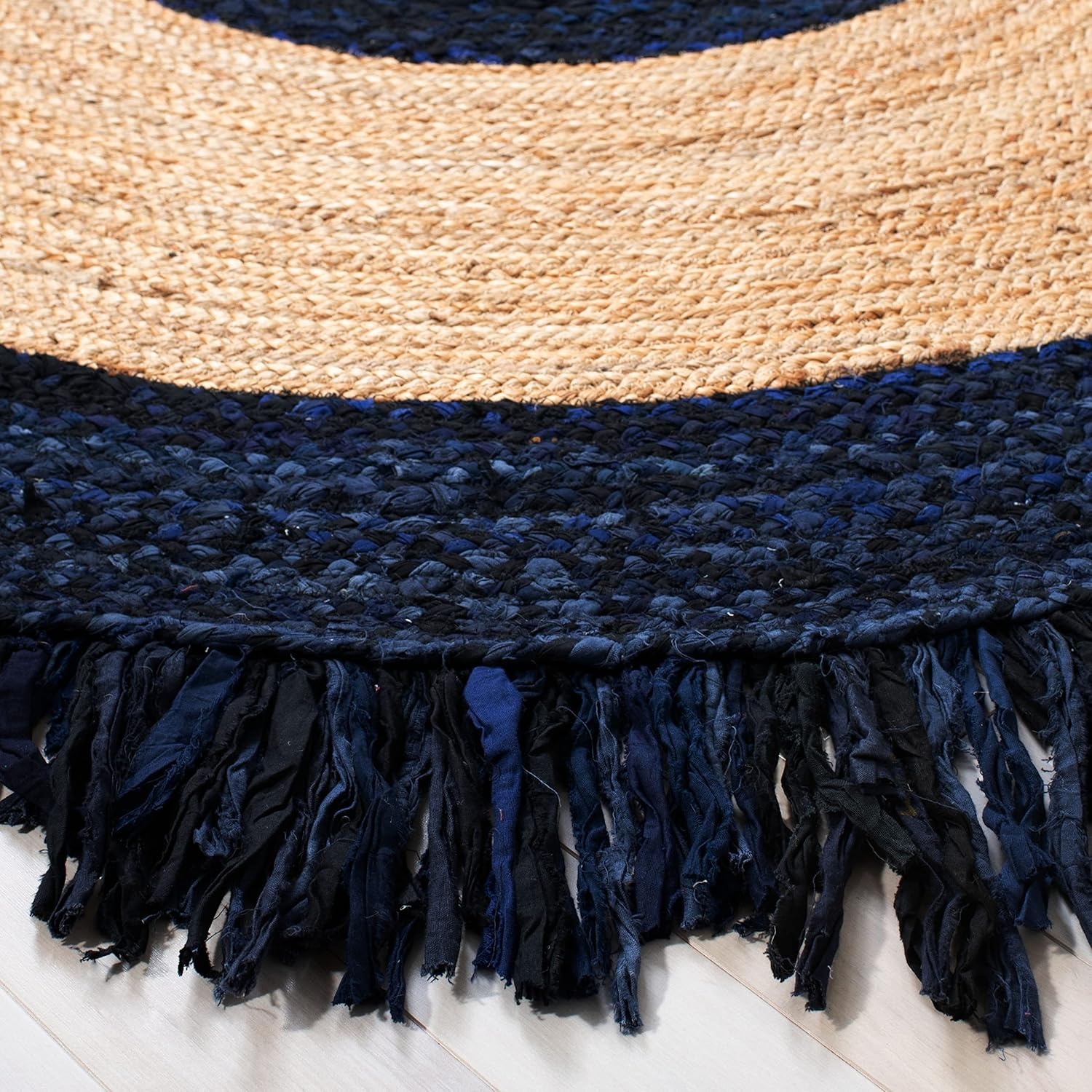 image:imageSAFAVIEH Cape Cod Collection Area Rug 6 Round Beige amp Natural Handmade Boho Fringe Jute amp Cotton Ideal for High Traffic Areas in Living Room Bedroom CAP701BNavyNatural