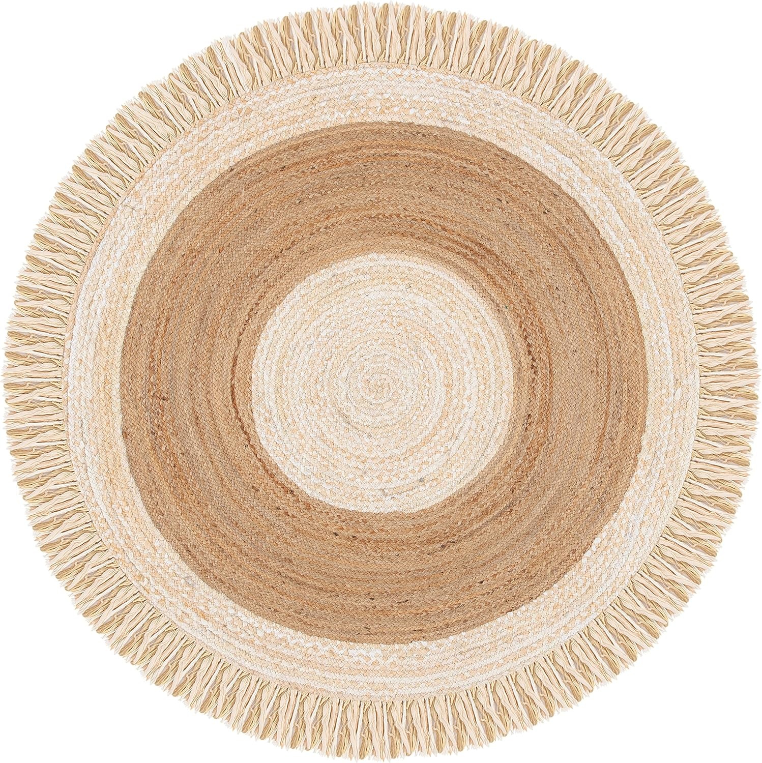 image:imageSAFAVIEH Cape Cod Collection Area Rug 6 Round Beige amp Natural Handmade Boho Fringe Jute amp Cotton Ideal for High Traffic Areas in Living Room Bedroom CAP701BBeigeNatural