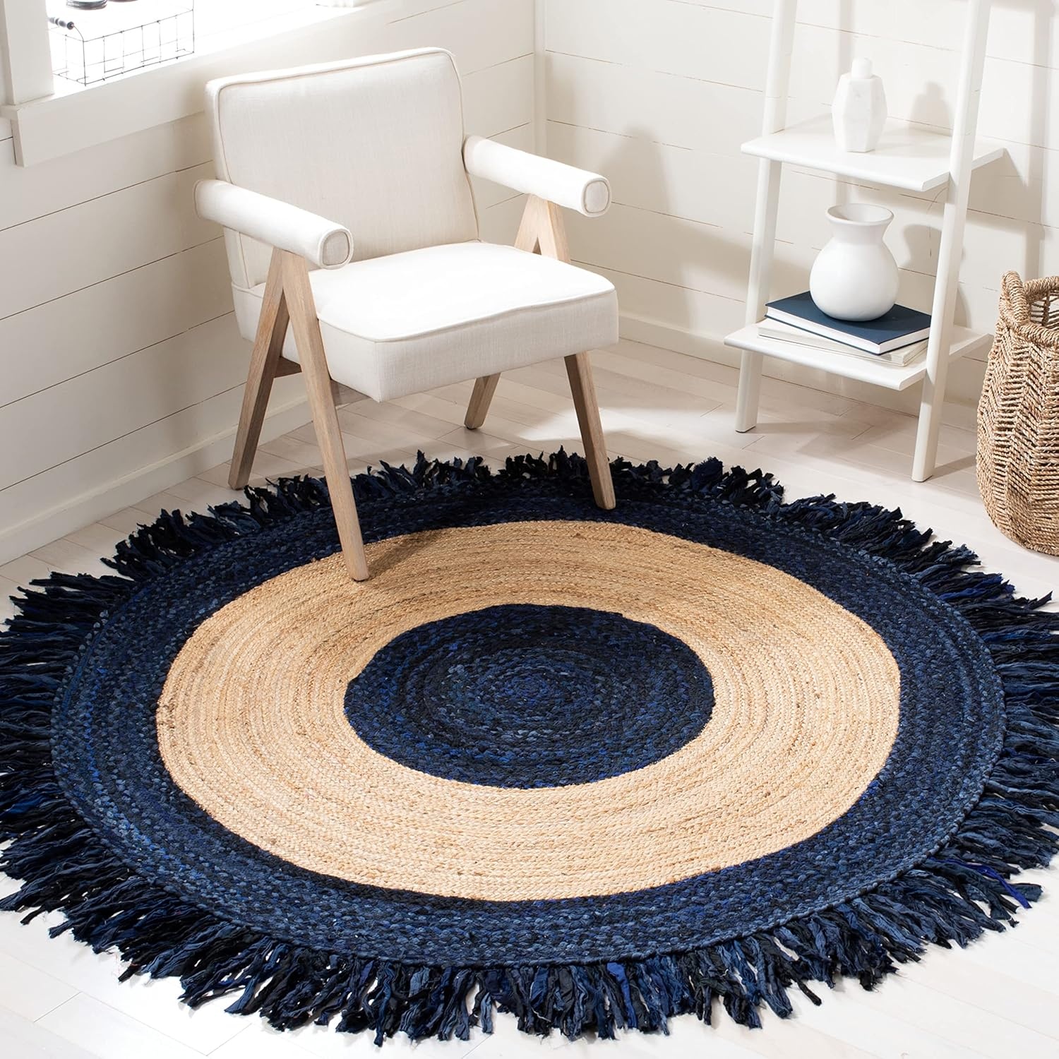 image:imageSAFAVIEH Cape Cod Collection Area Rug 6 Round Beige amp Natural Handmade Boho Fringe Jute amp Cotton Ideal for High Traffic Areas in Living Room Bedroom CAP701BNavyNatural