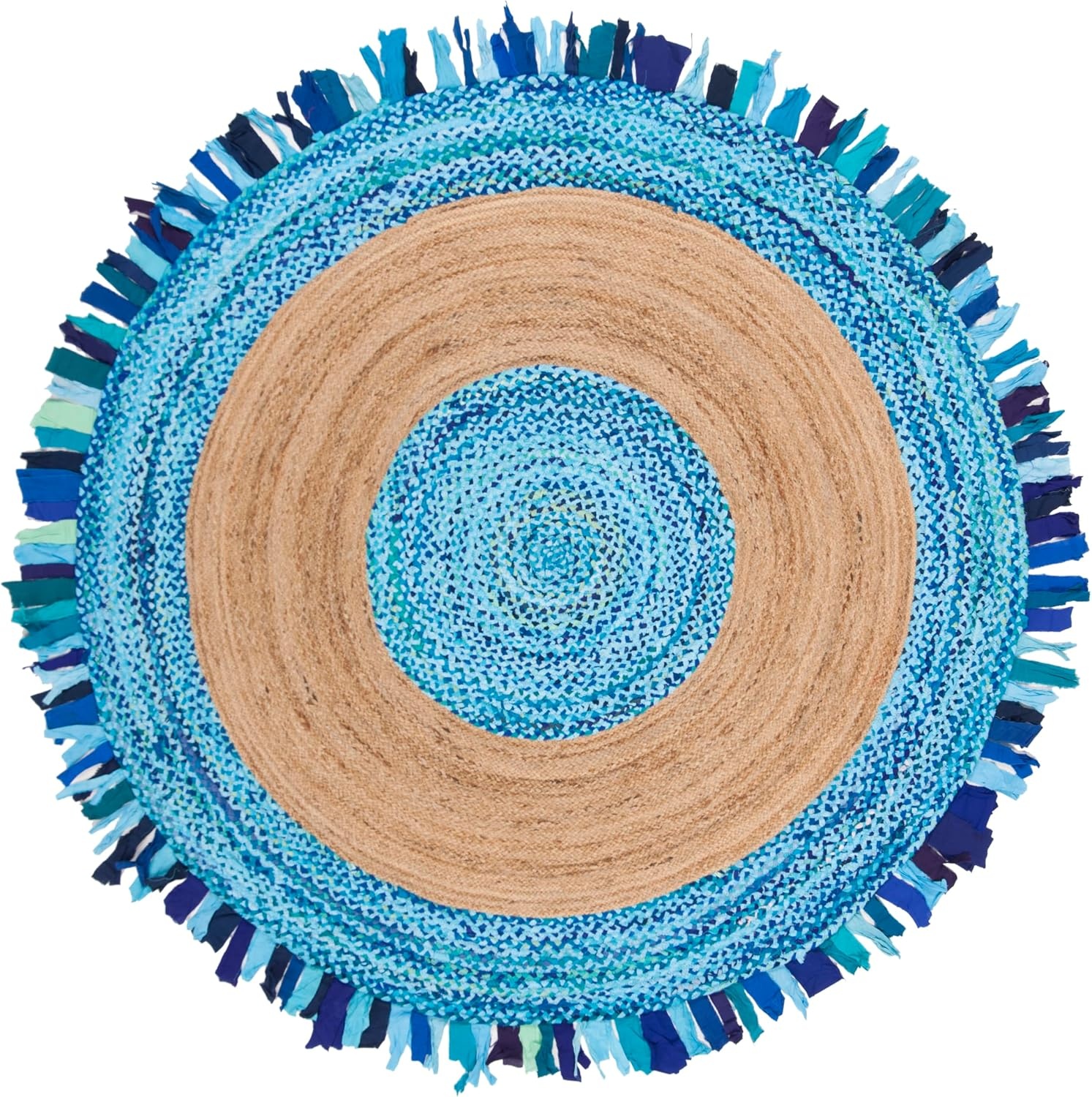 image:imageSAFAVIEH Cape Cod Collection Area Rug 6 Round Beige amp Natural Handmade Boho Fringe Jute amp Cotton Ideal for High Traffic Areas in Living Room Bedroom CAP701BTurquoiseNatural