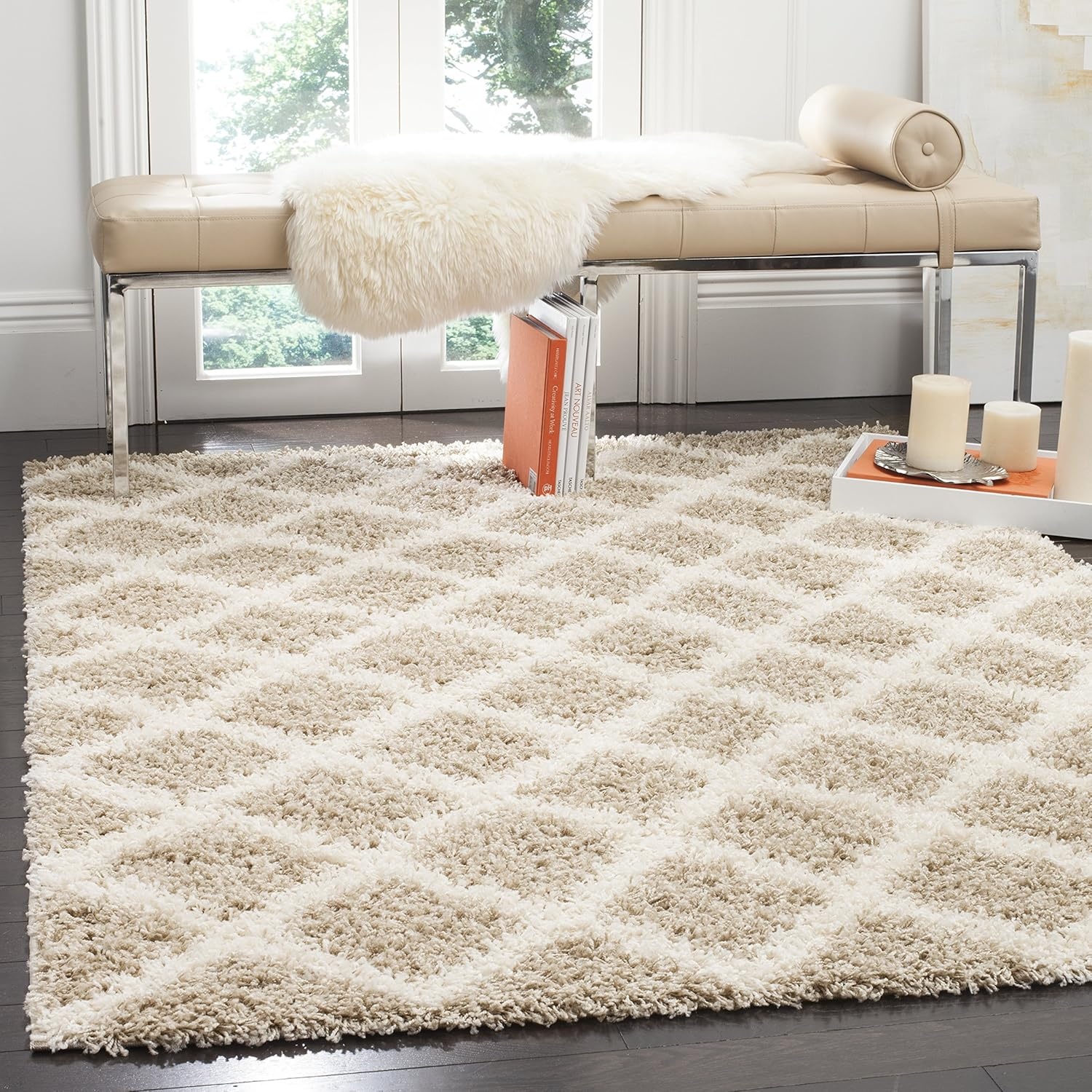 image:imageSAFAVIEH Dallas Shag Collection Area Rug 86 x 12 Dark Grey amp Ivory Trellis Design NonShedding amp Easy Care 15inch Thick Ideal for High Traffic Areas in Living Room Bedroom SGDS258ABeigeIvory