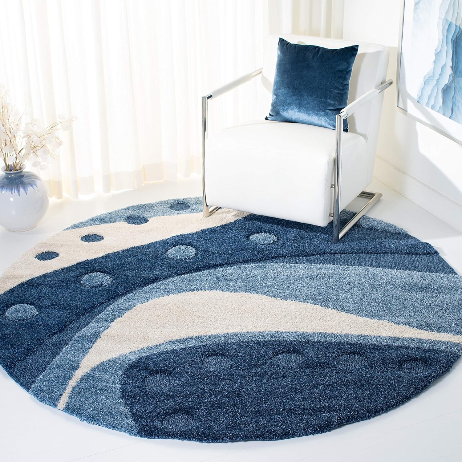 image:imageSAFAVIEH Florida Shag Collection Area Rug 86 x 12 Dark Blue amp Ivory Abstract Design NonShedding amp Easy Care 12inch Thick Ideal for High Traffic Areas in Living Room Bedroom SG4736511Dark BlueIvory