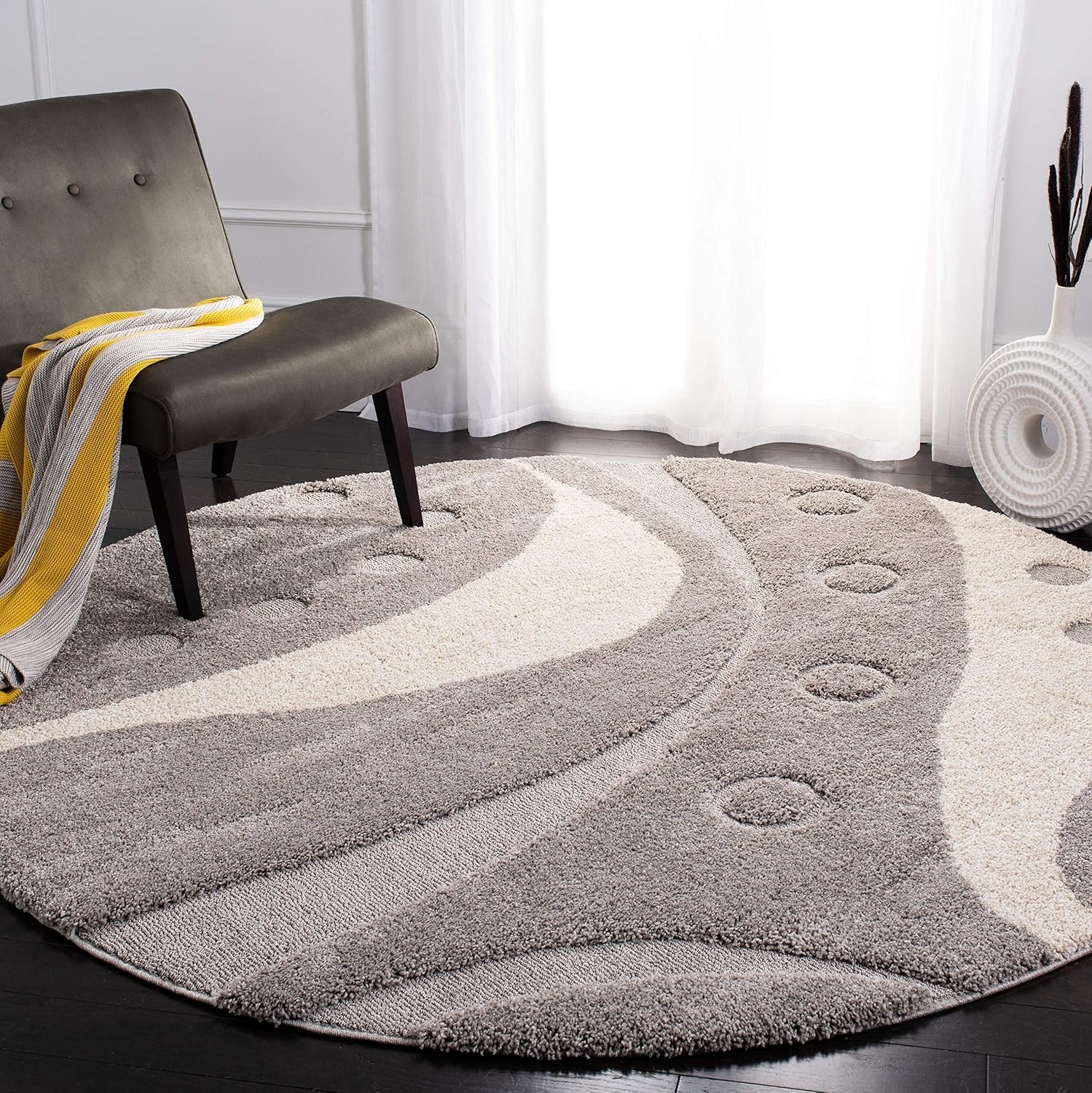 image:imageSAFAVIEH Florida Shag Collection Area Rug 86 x 12 Dark Blue amp Ivory Abstract Design NonShedding amp Easy Care 12inch Thick Ideal for High Traffic Areas in Living Room Bedroom SG4736511GreyIvory