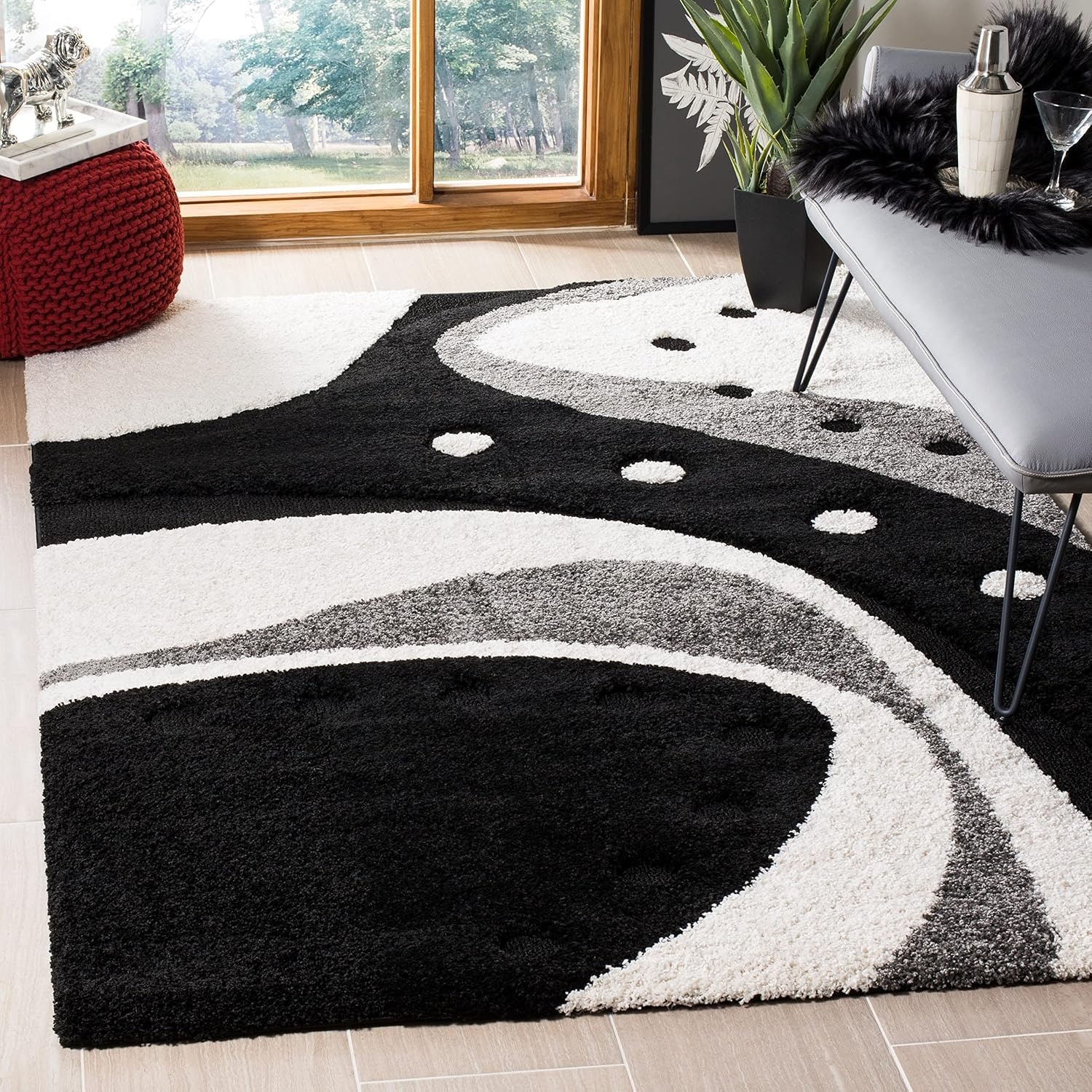 image:imageSAFAVIEH Florida Shag Collection Area Rug 86 x 12 Dark Blue amp Ivory Abstract Design NonShedding amp Easy Care 12inch Thick Ideal for High Traffic Areas in Living Room Bedroom SG4736511GreyIvory