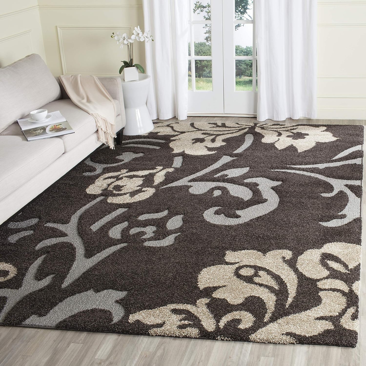 image:imageSAFAVIEH Florida Shag Collection Area Rug 86 x 12 Grey amp Beige Floral Design NonShedding amp Easy Care 12inch Thick Ideal for High Traffic Areas in Living Room Bedroom SG4588013Dark BrownSmoke