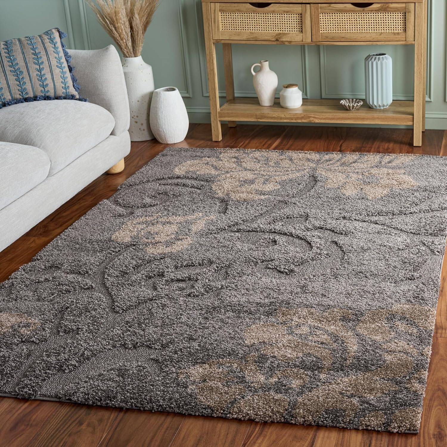 image:imageSAFAVIEH Florida Shag Collection Area Rug 86 x 12 Grey amp Beige Floral Design NonShedding amp Easy Care 12inch Thick Ideal for High Traffic Areas in Living Room Bedroom SG4588013GreyBeige
