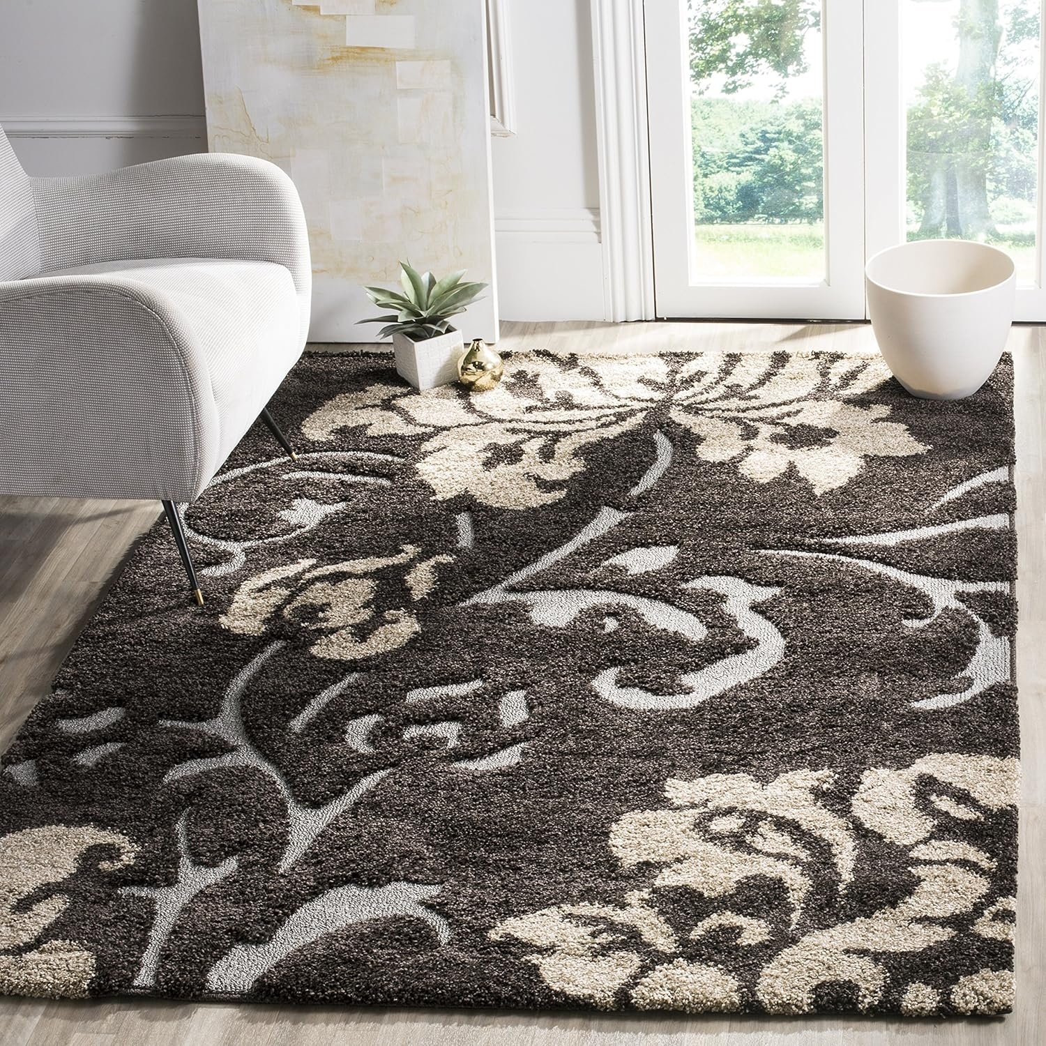 image:imageSAFAVIEH Florida Shag Collection Area Rug 86 x 12 Grey amp Beige Floral Design NonShedding amp Easy Care 12inch Thick Ideal for High Traffic Areas in Living Room Bedroom SG4588013Dark BrownSmoke
