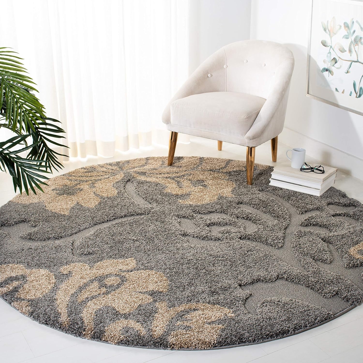 image:imageSAFAVIEH Florida Shag Collection Area Rug 86 x 12 Grey amp Beige Floral Design NonShedding amp Easy Care 12inch Thick Ideal for High Traffic Areas in Living Room Bedroom SG4588013GreyBeige