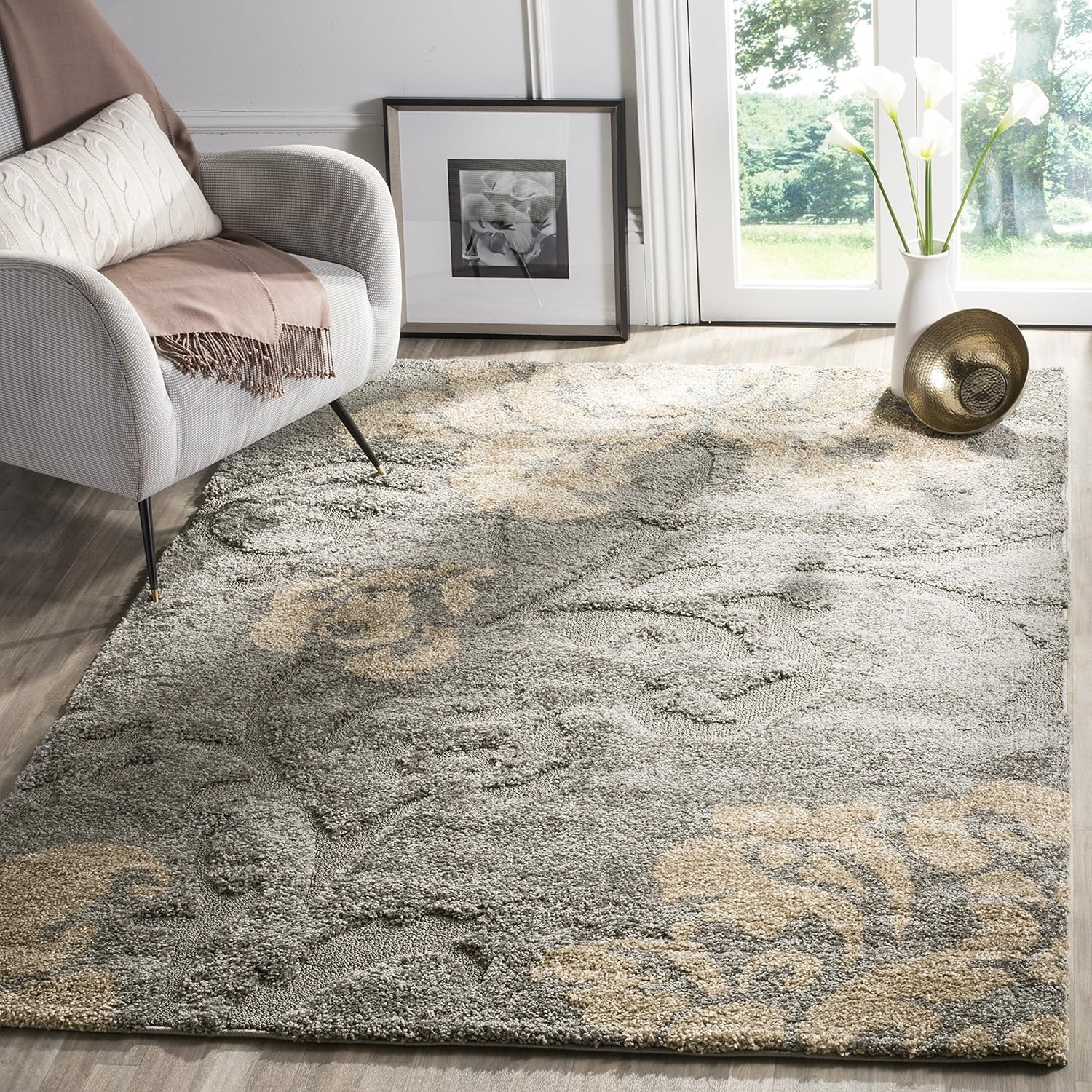 image:imageSAFAVIEH Florida Shag Collection Area Rug 86 x 12 Grey amp Beige Floral Design NonShedding amp Easy Care 12inch Thick Ideal for High Traffic Areas in Living Room Bedroom SG4588013GreyBeige