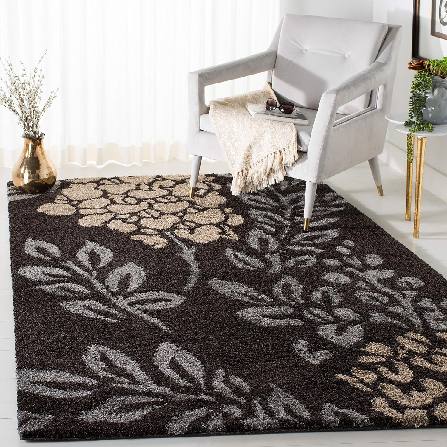 image:imageSAFAVIEH Florida Shag Collection Area Rug 86 x 12 Smoke amp Dark Brown Floral Design NonShedding amp Easy Care 12inch Thick Ideal for High Traffic Areas in Living Room Bedroom SG4567928Dark BrownGrey